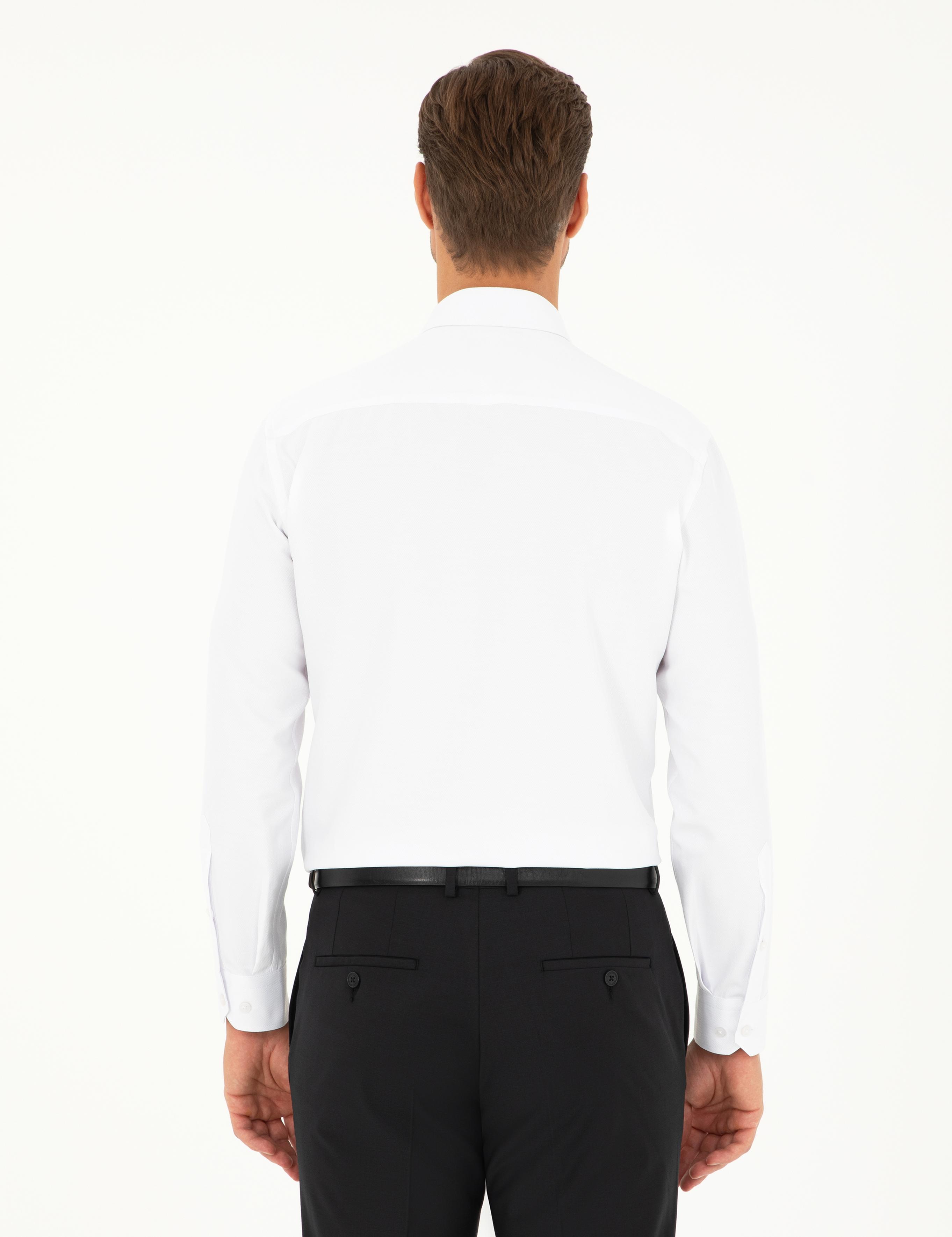 Beyaz Slim Fit Armürlü Uzun Kollu Gömlek