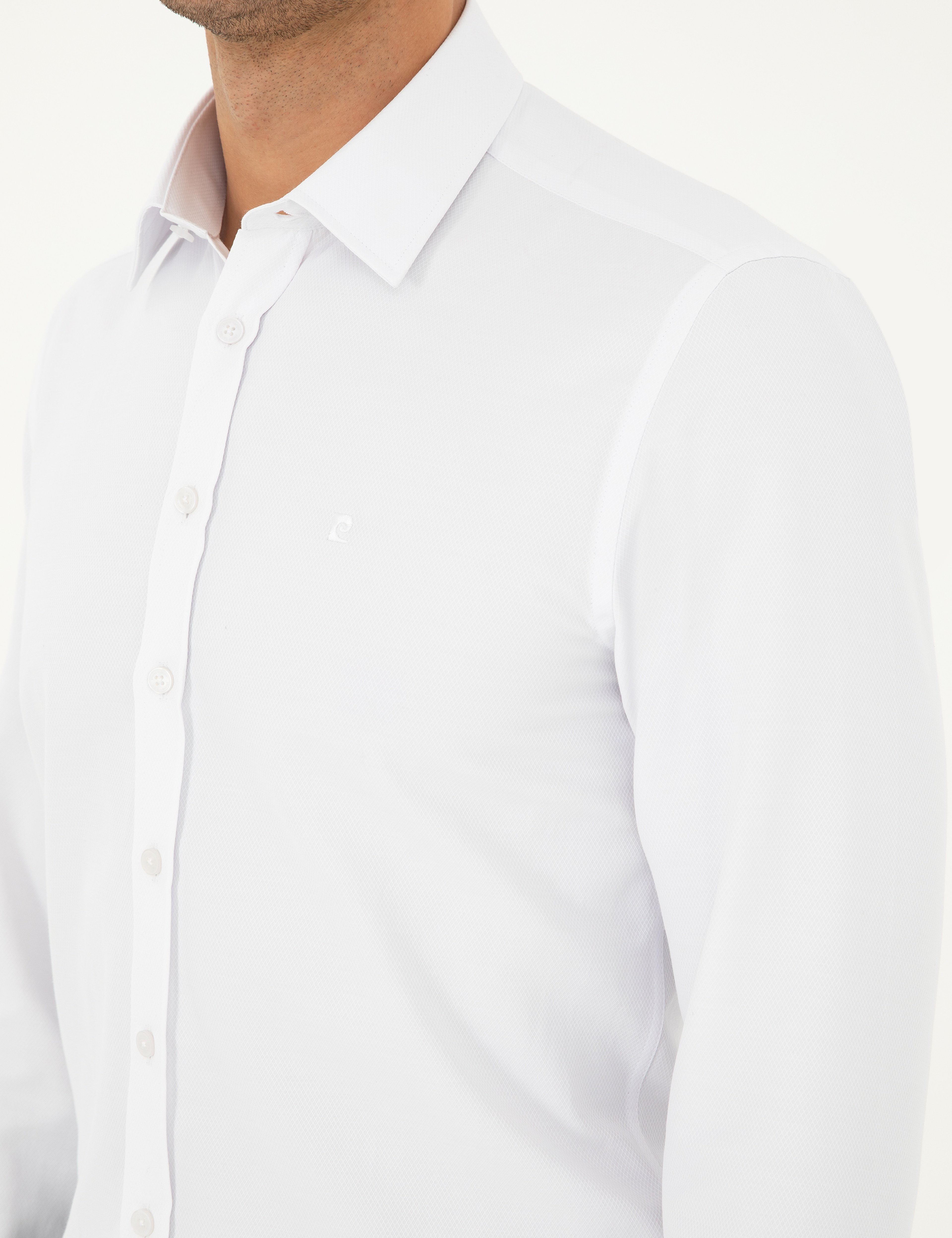Beyaz Slim Fit Armürlü Uzun Kollu Gömlek - Image 7