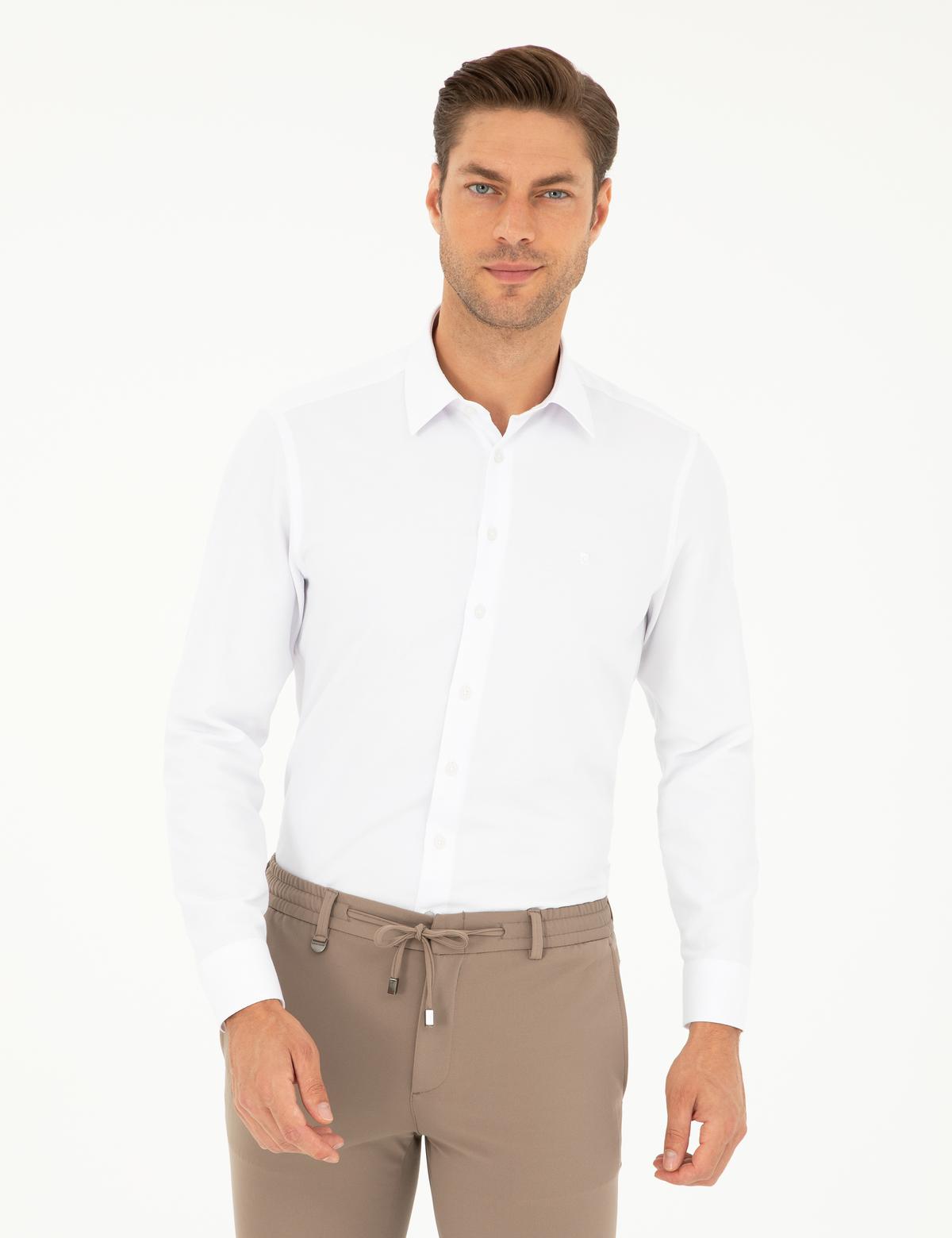 Beyaz Slim Fit Armürlü Uzun Kollu Gömlek