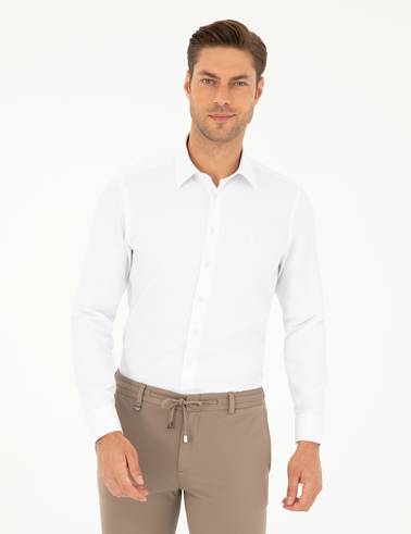 Beyaz Slim Fit Armürlü Uzun Kollu Gömlek