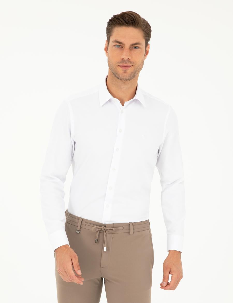 Beyaz Slim Fit Armürlü Uzun Kollu Gömlek