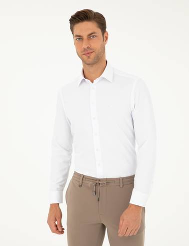 Beyaz Slim Fit Armürlü Uzun Kollu Gömlek