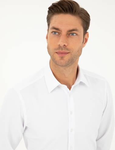 Beyaz Slim Fit Armürlü Uzun Kollu Gömlek