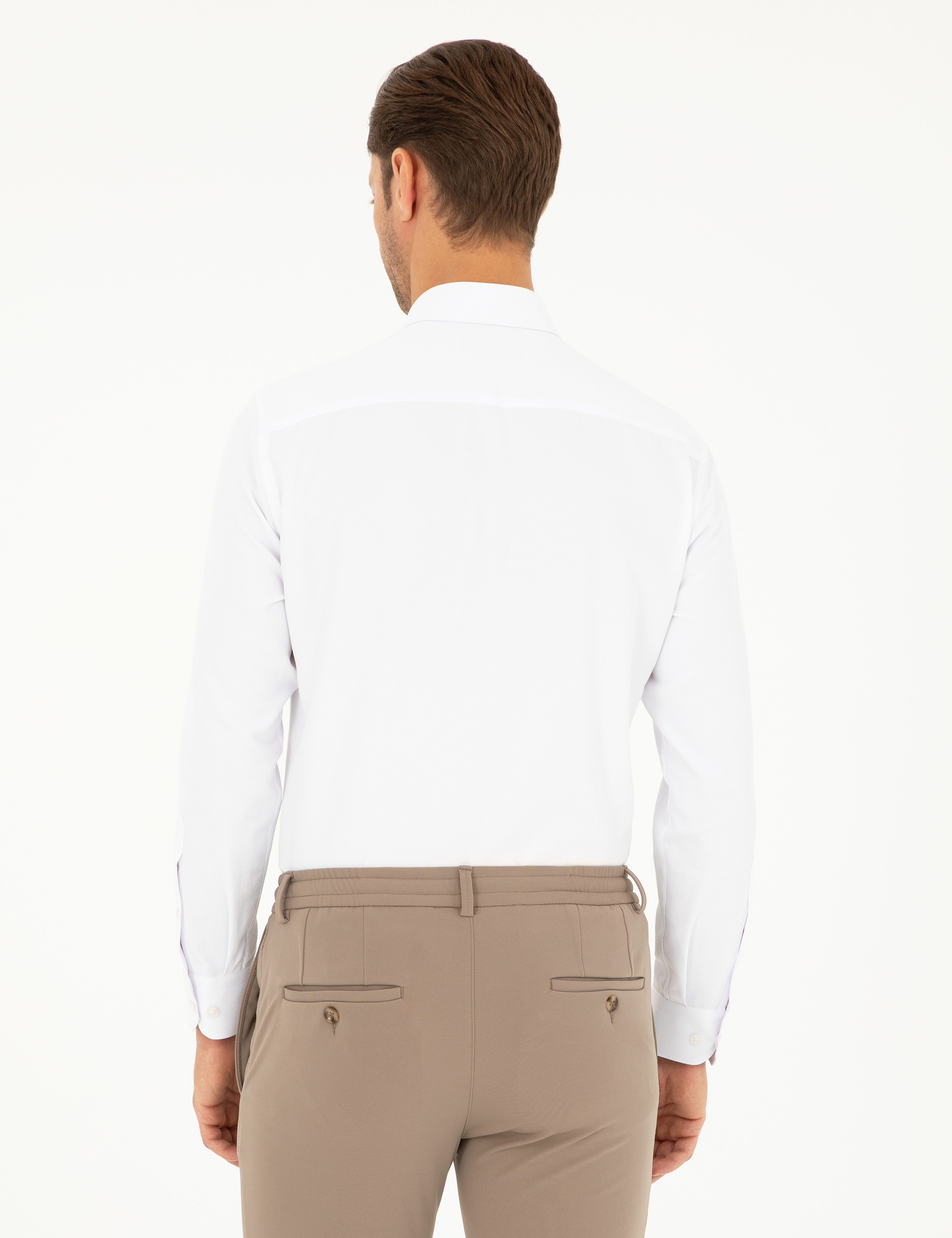 Beyaz Slim Fit Armürlü Uzun Kollu Gömlek