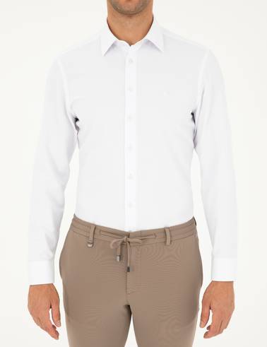 Beyaz Slim Fit Armürlü Uzun Kollu Gömlek