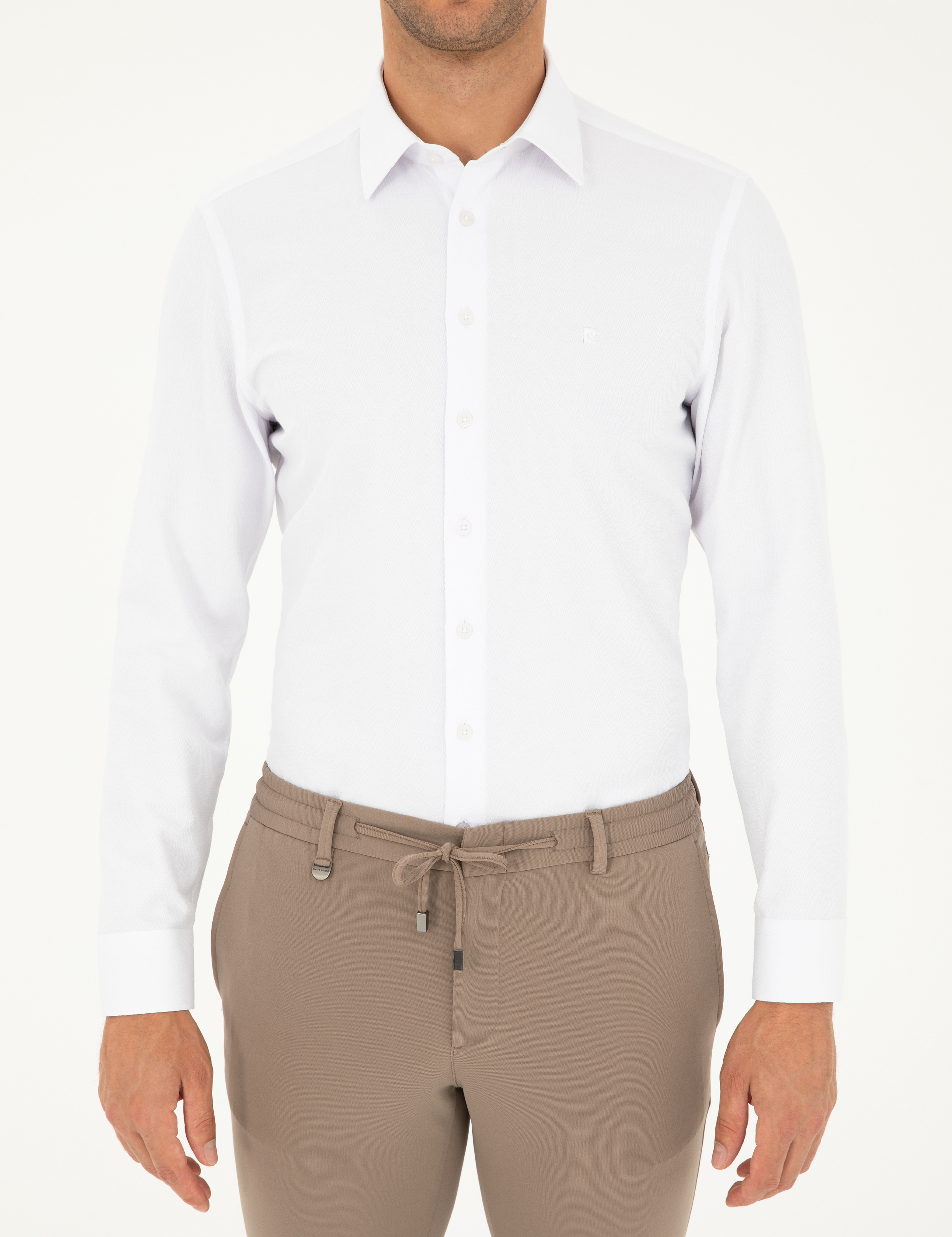 Beyaz Slim Fit Armürlü Uzun Kollu Gömlek