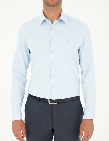 Açık Mavi Slim Fit Armürlü Uzun Kollu Gömlek