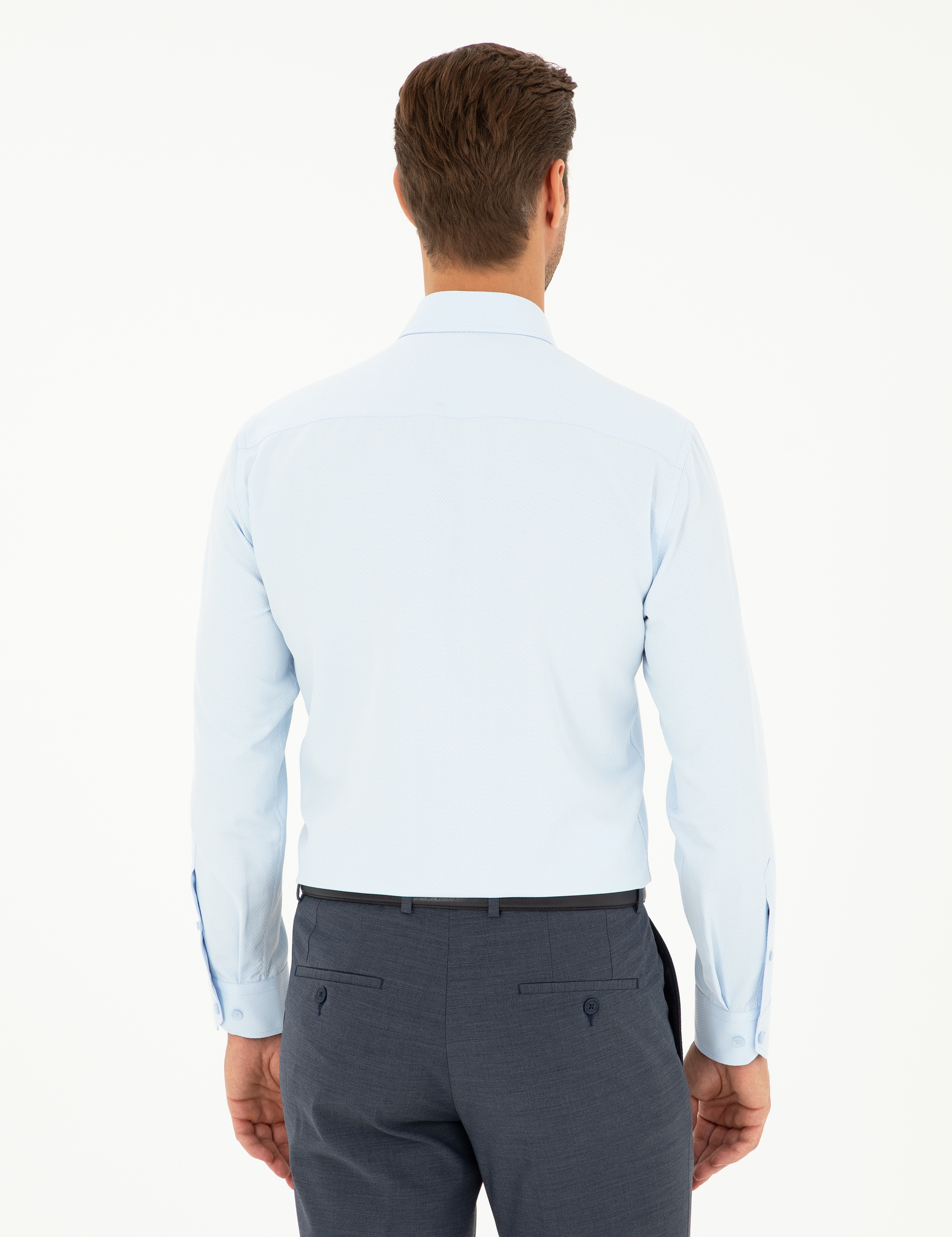 Açık Mavi Slim Fit Armürlü Uzun Kollu Gömlek - Image 7