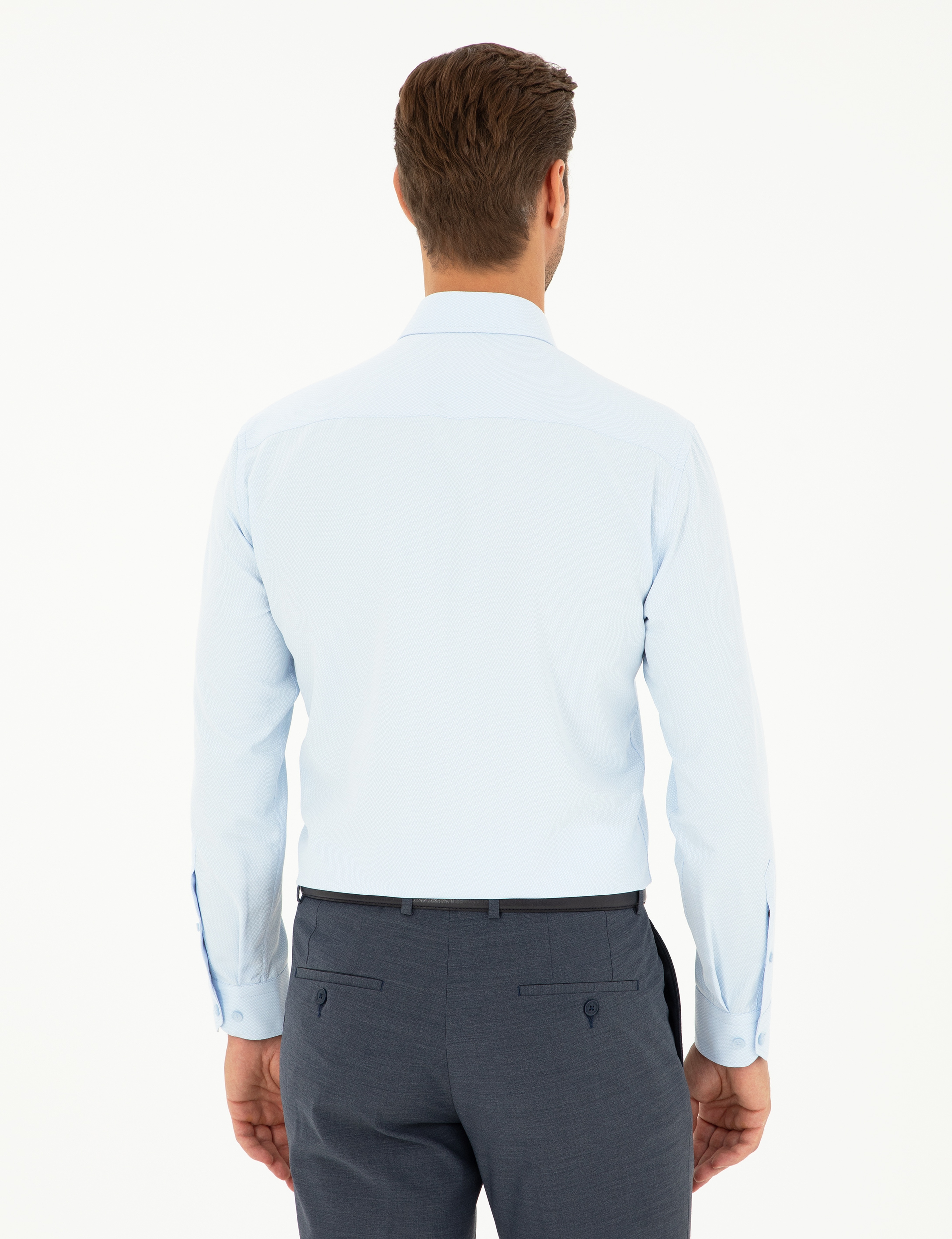 Açık Mavi Slim Fit Armürlü Uzun Kollu Gömlek