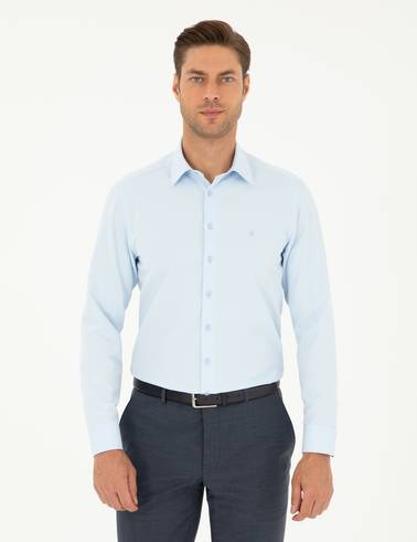 Açık Mavi Slim Fit Armürlü Uzun Kollu Gömlek