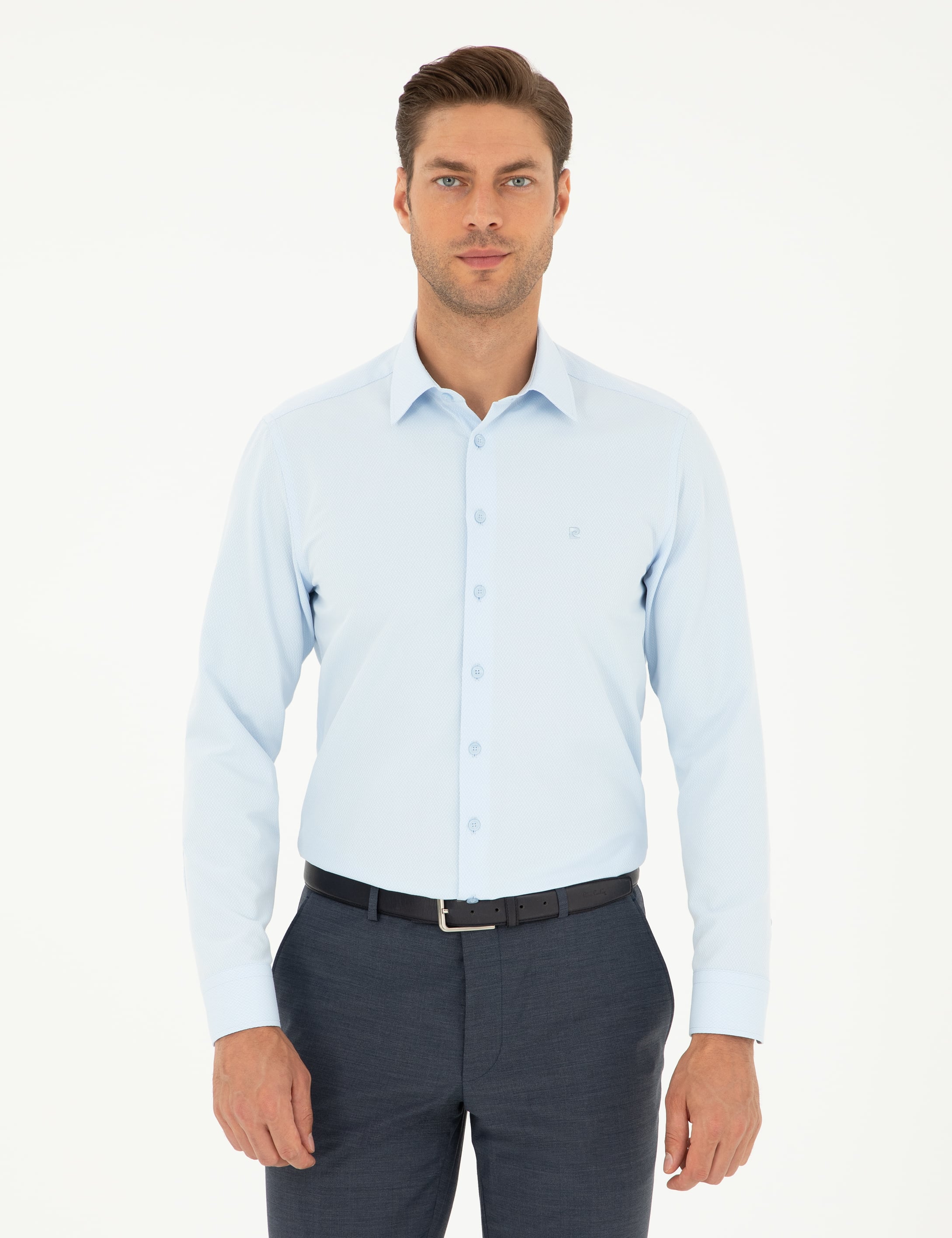Açık Mavi Slim Fit Armürlü Uzun Kollu Gömlek