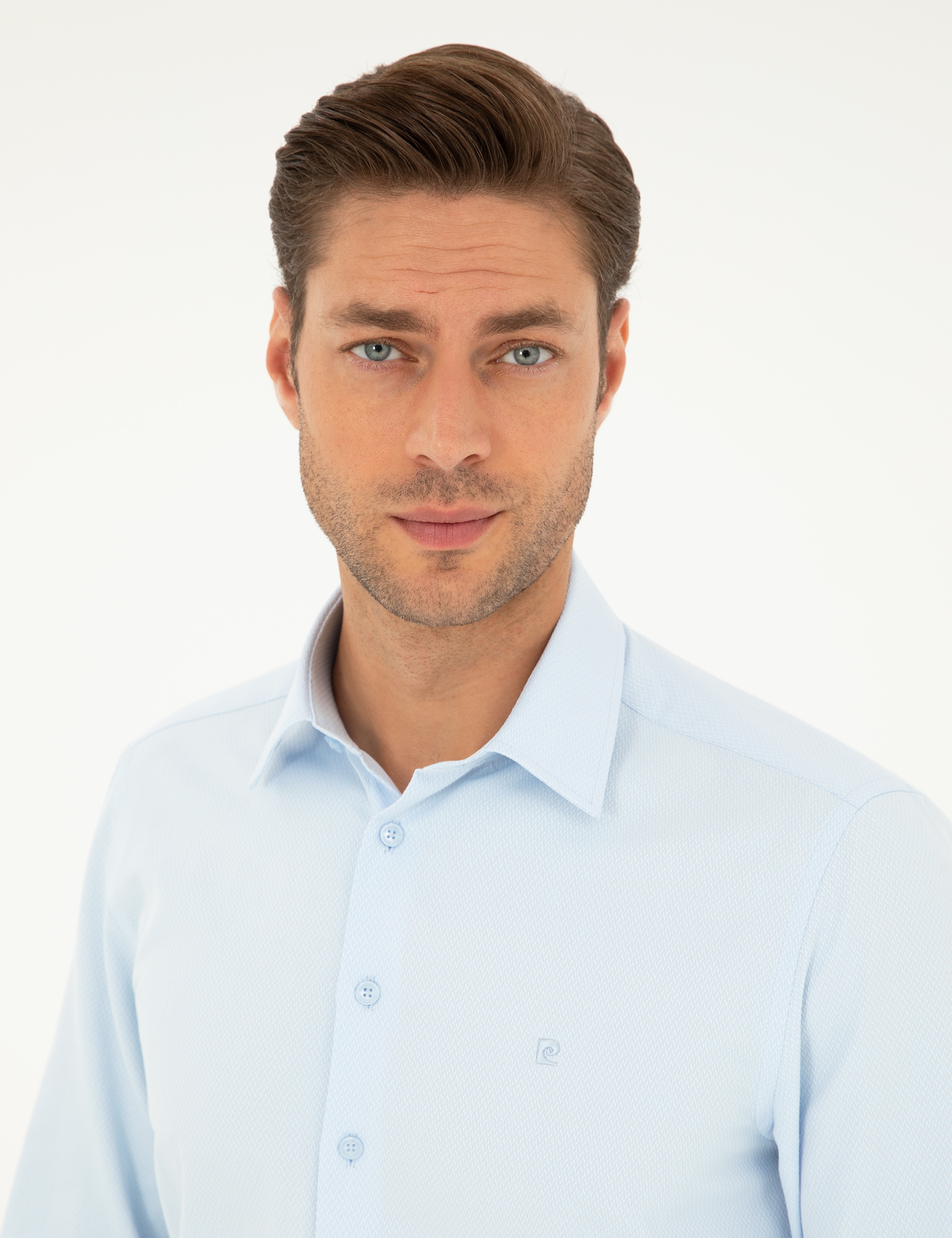 Açık Mavi Slim Fit Armürlü Uzun Kollu Gömlek - Image 2