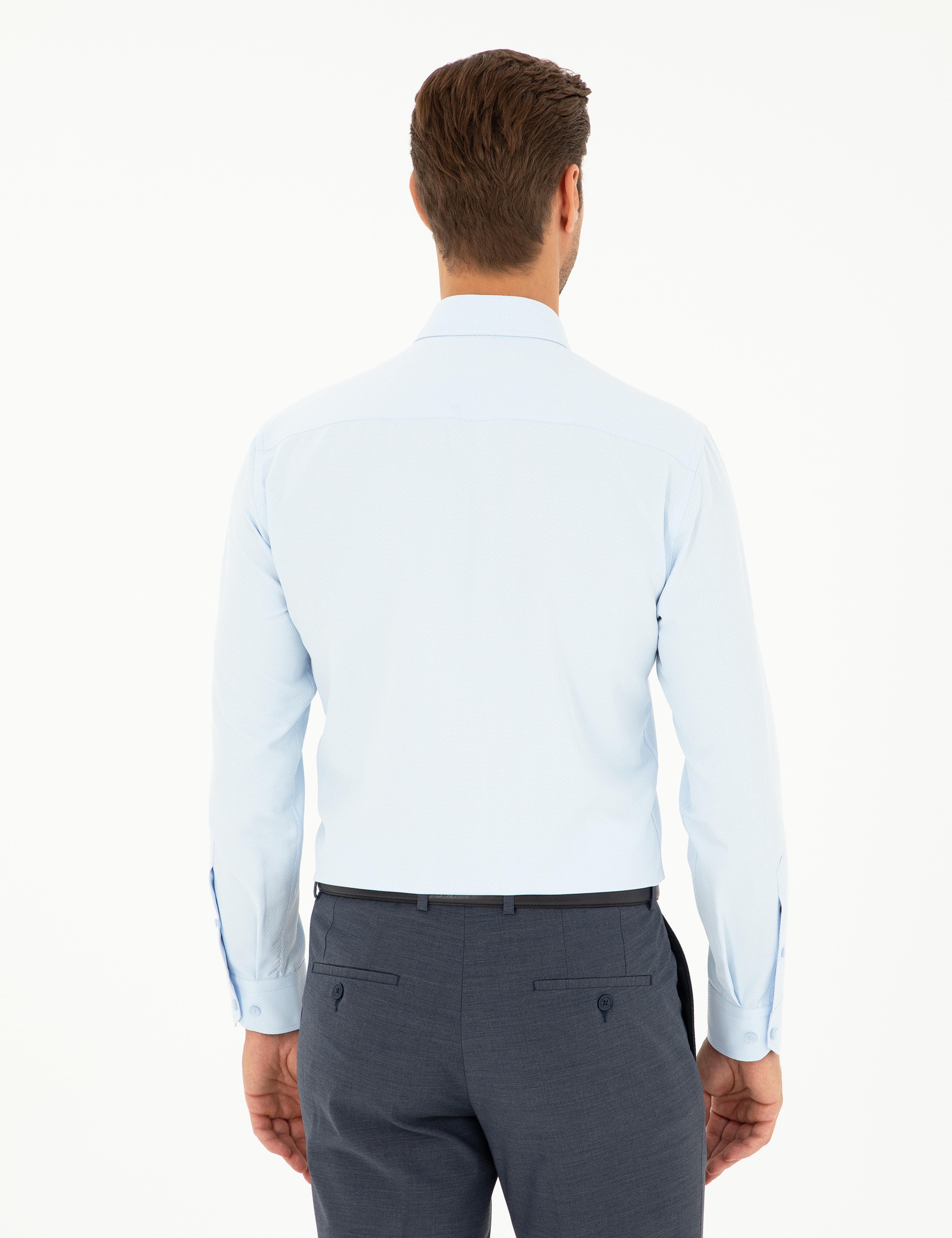 Açık Mavi Slim Fit Armürlü Uzun Kollu Gömlek