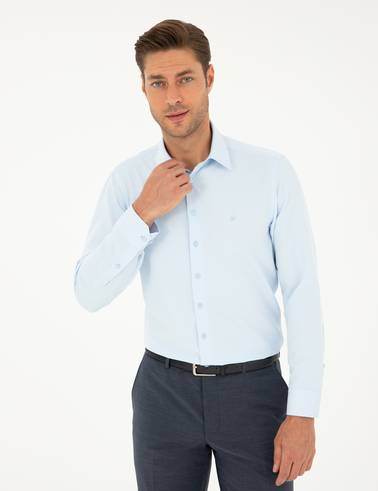 Açık Mavi Slim Fit Armürlü Uzun Kollu Gömlek