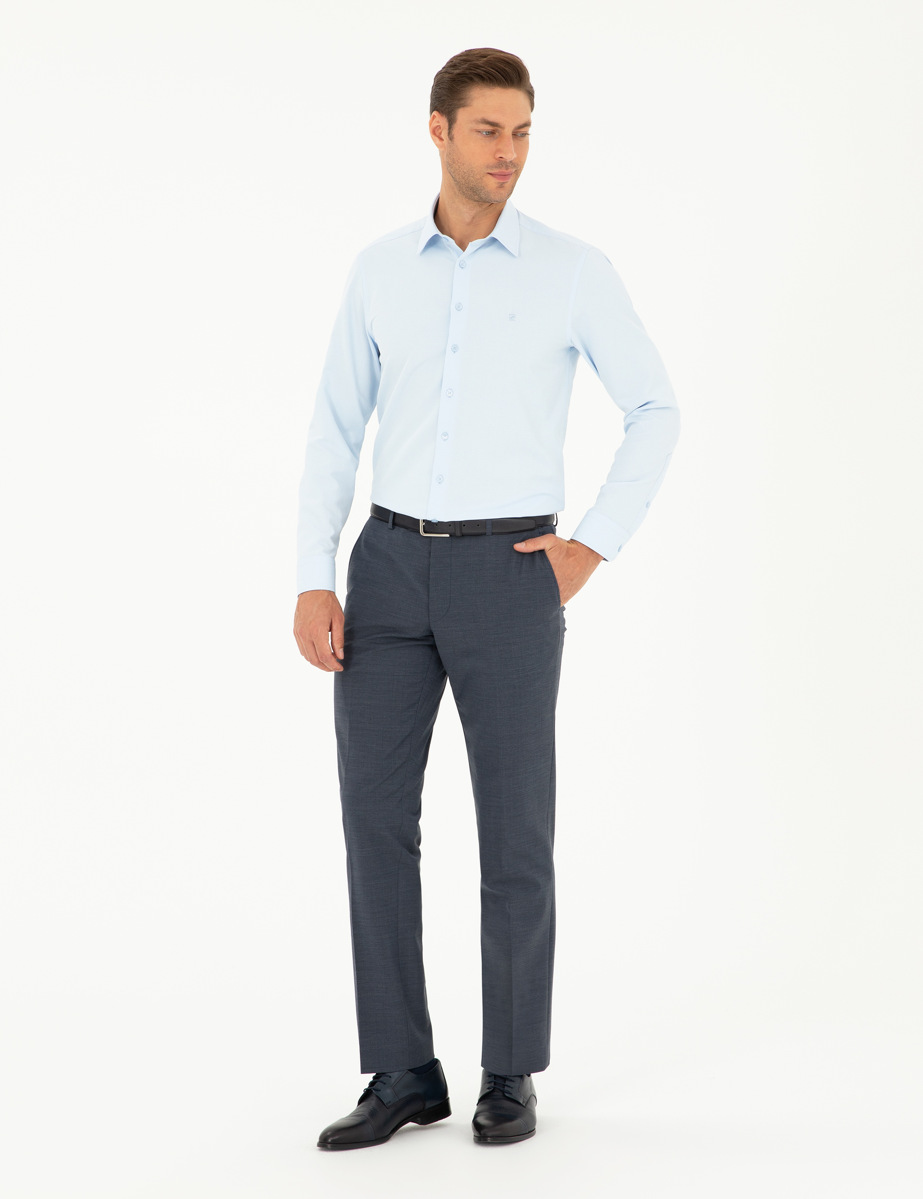 Açık Mavi Slim Fit Armürlü Uzun Kollu Gömlek