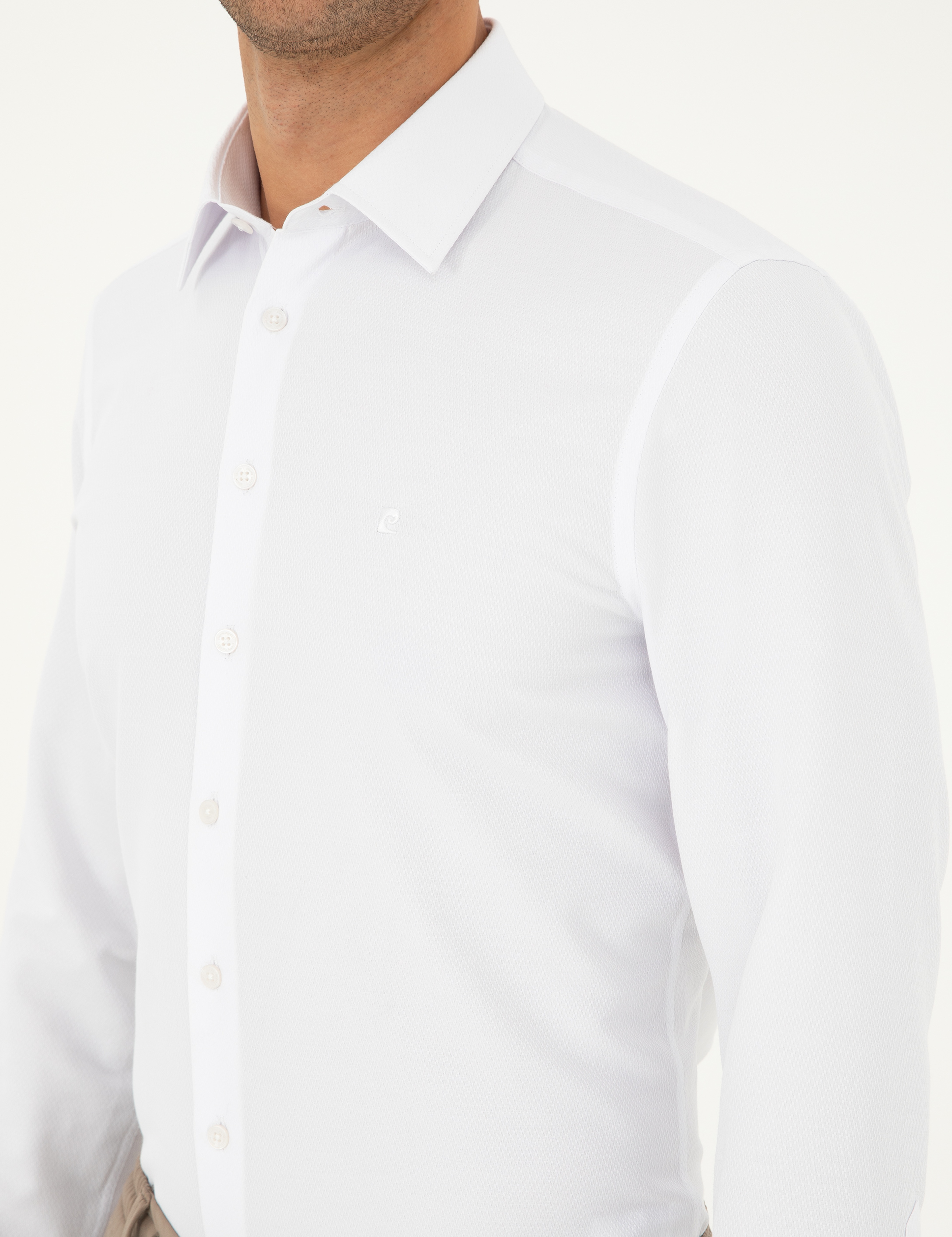 Beyaz Slim Fit Armürlü Uzun Kollu Gömlek - Image 7