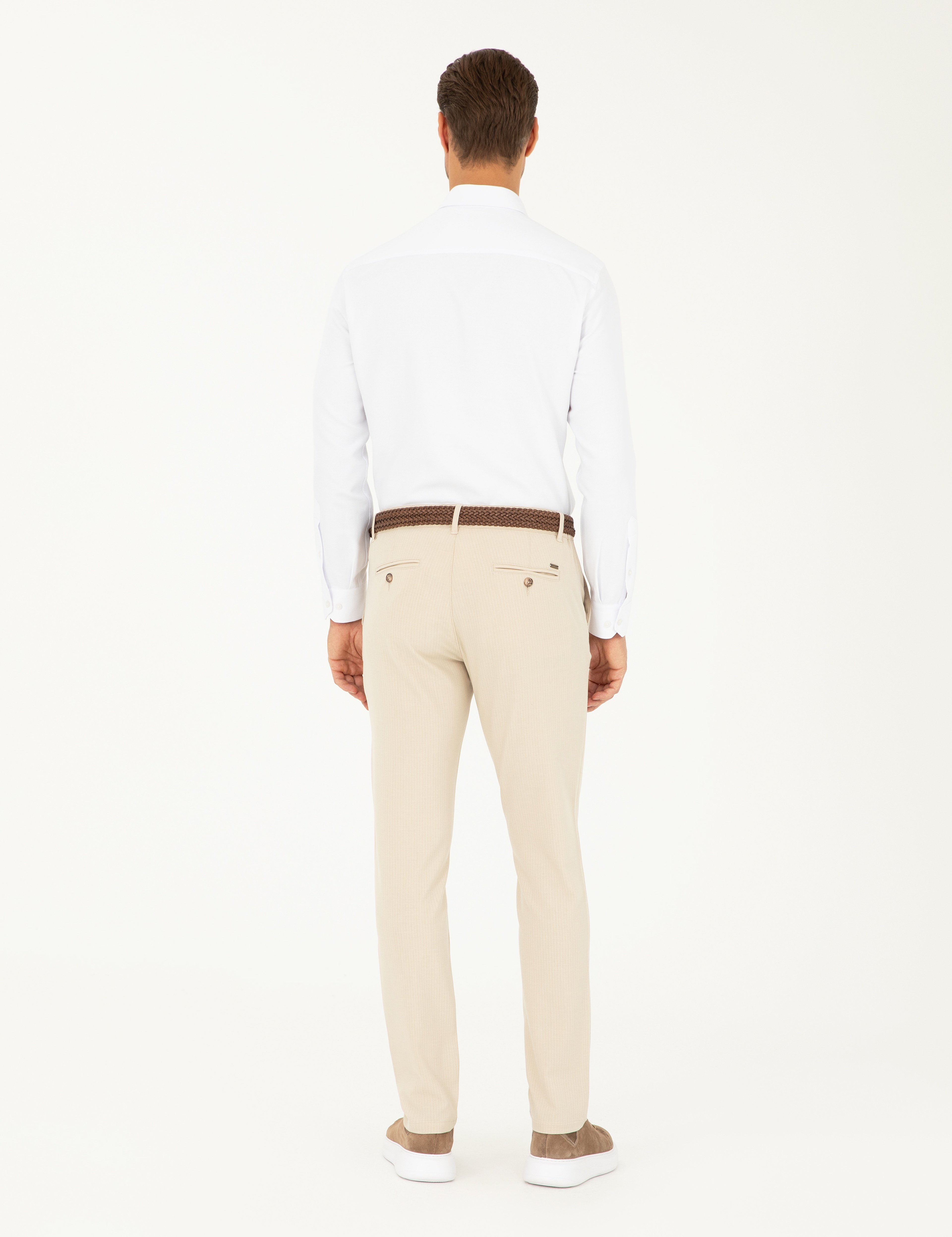 Bej Slim Fit Kanvas Çizgili Pantolon - Image 4