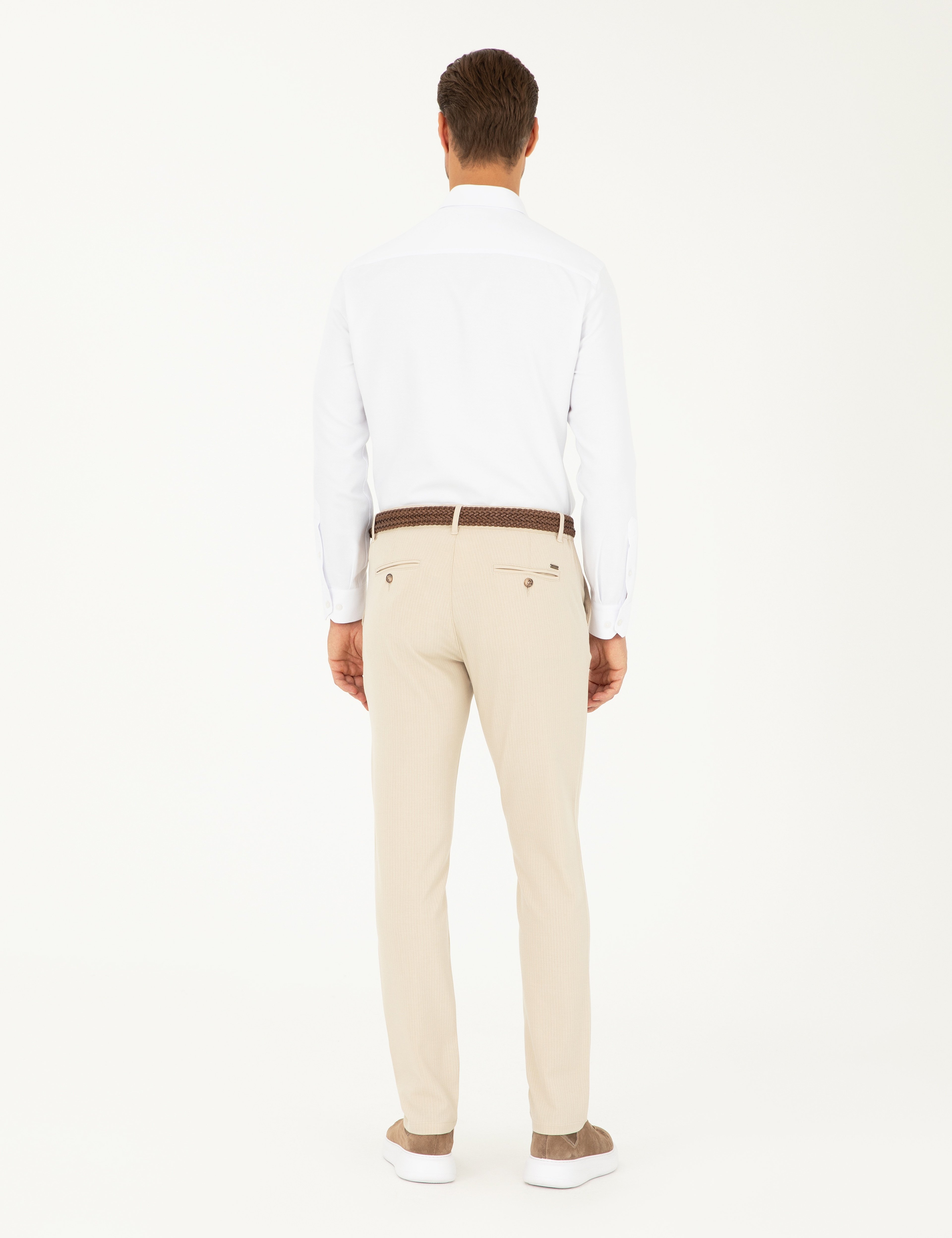 Bej Slim Fit Kanvas Çizgili Pantolon