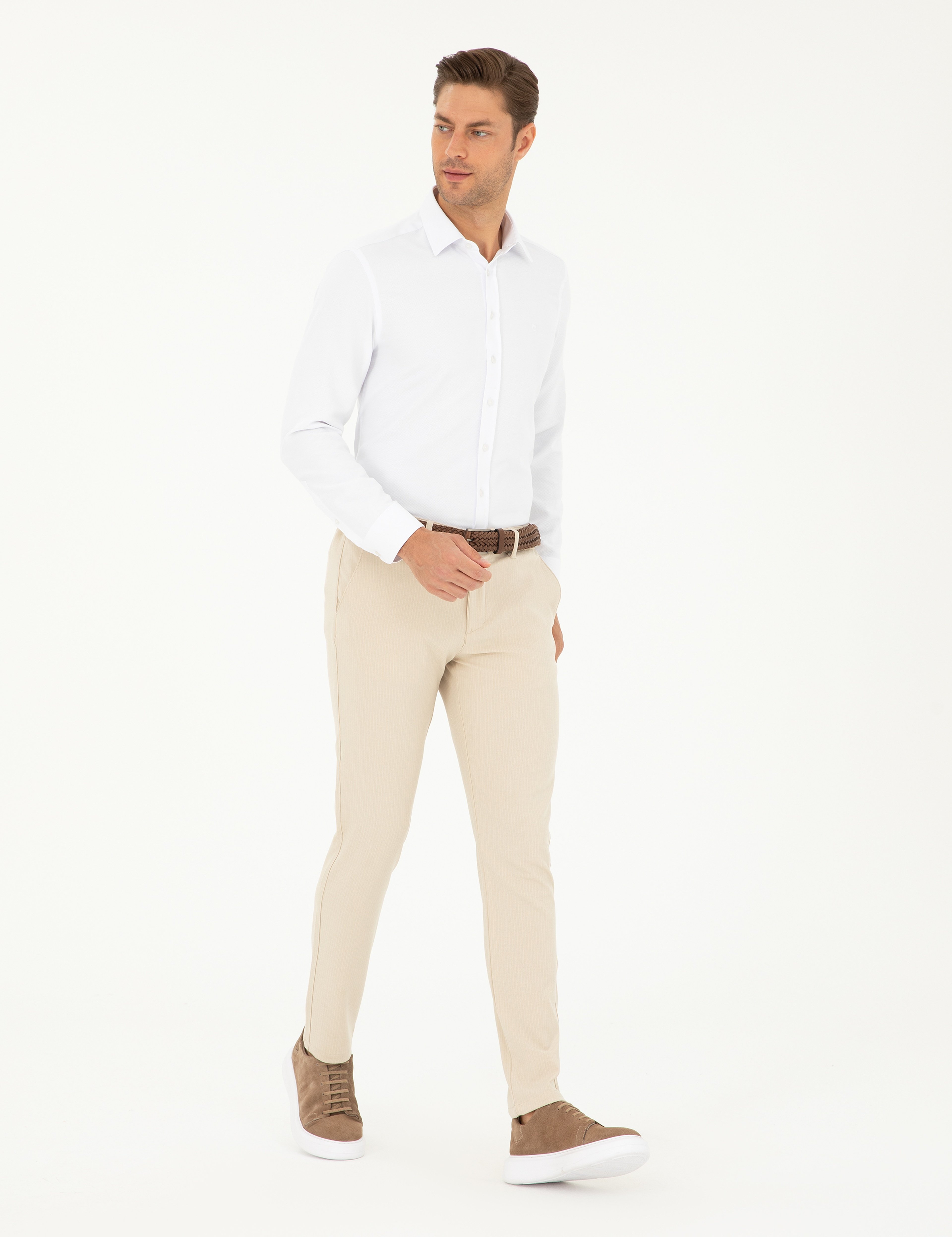 Bej Slim Fit Kanvas Çizgili Pantolon - Image 3