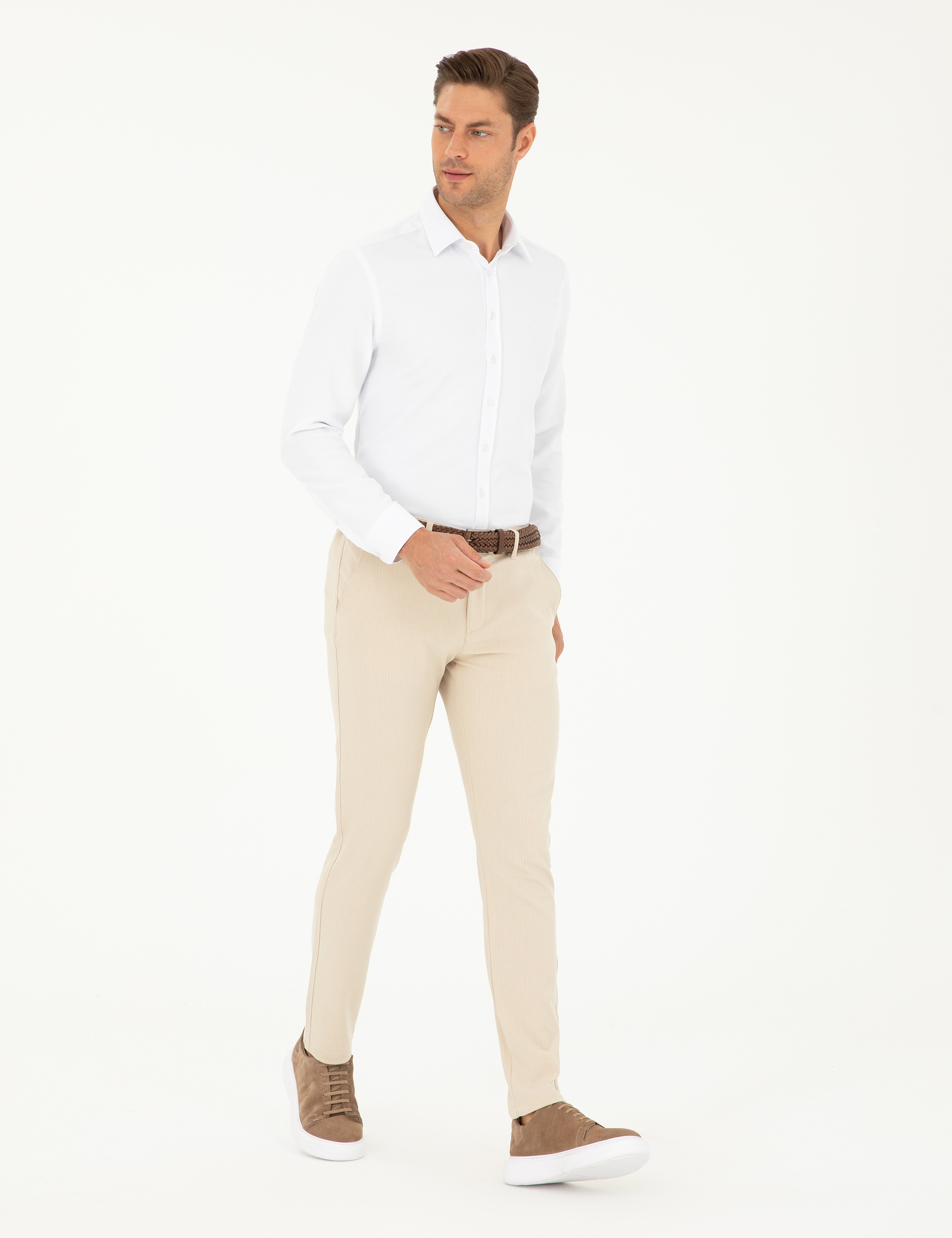 Bej Slim Fit Kanvas Çizgili Pantolon