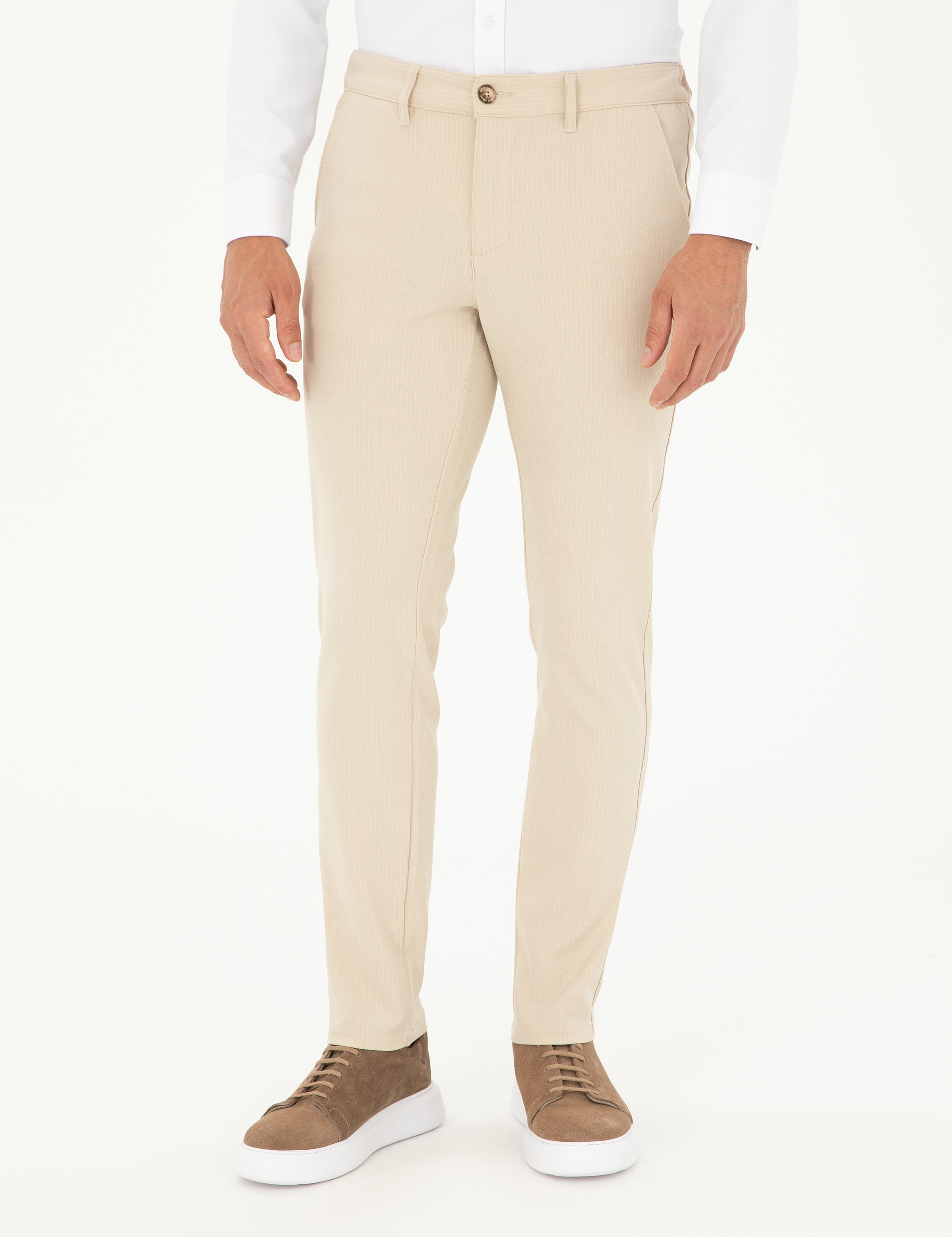 Bej Slim Fit Kanvas Çizgili Pantolon - Image 2