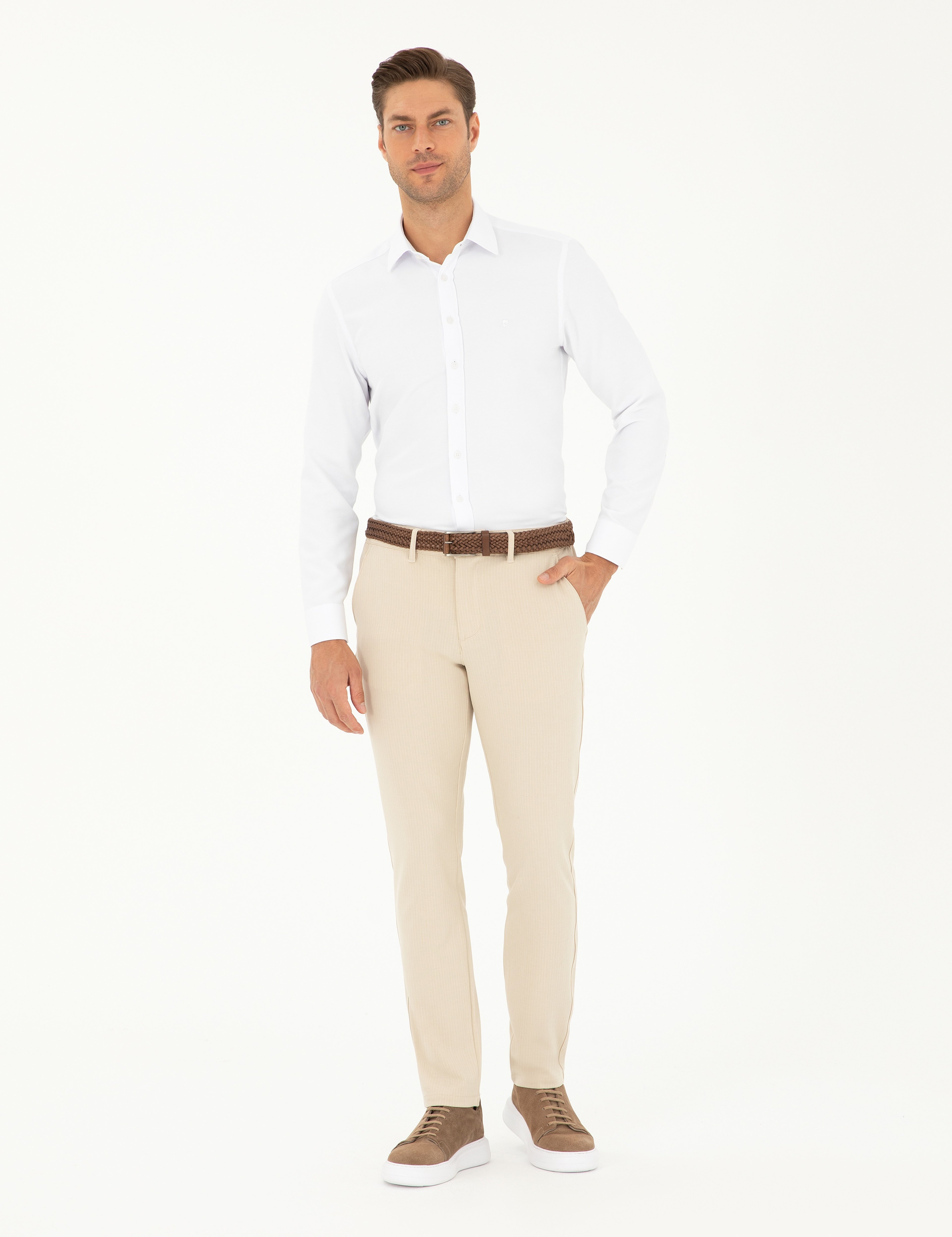 Bej Slim Fit Kanvas Çizgili Pantolon - Image 1