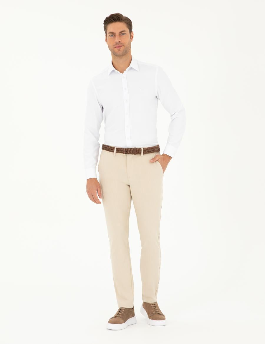 Bej Slim Fit Kanvas Çizgili Pantolon