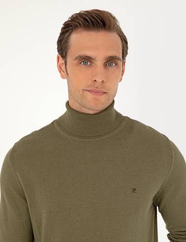 Koyu Haki Slim Fit Balıkçı Yaka Basic Triko Kazak