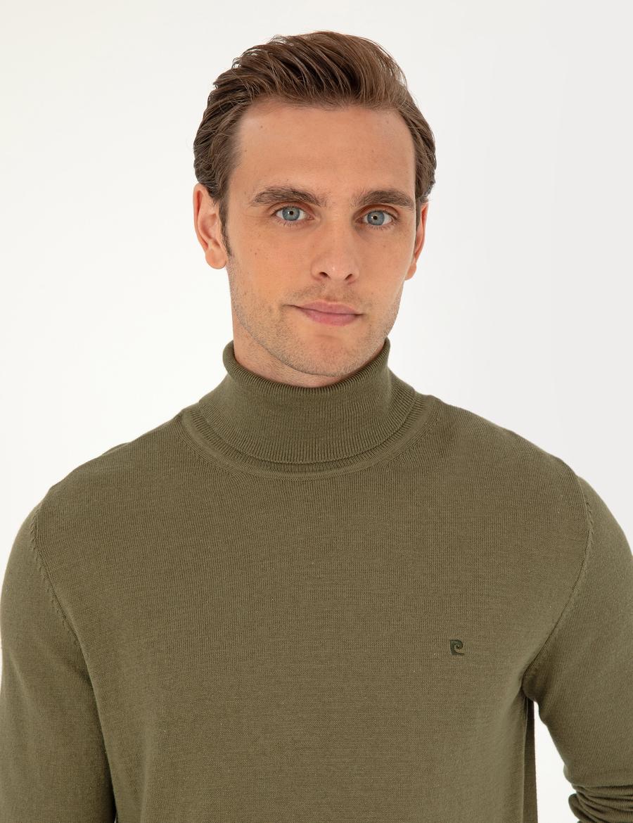 Koyu Haki Slim Fit Balıkçı Yaka Basic Triko Kazak