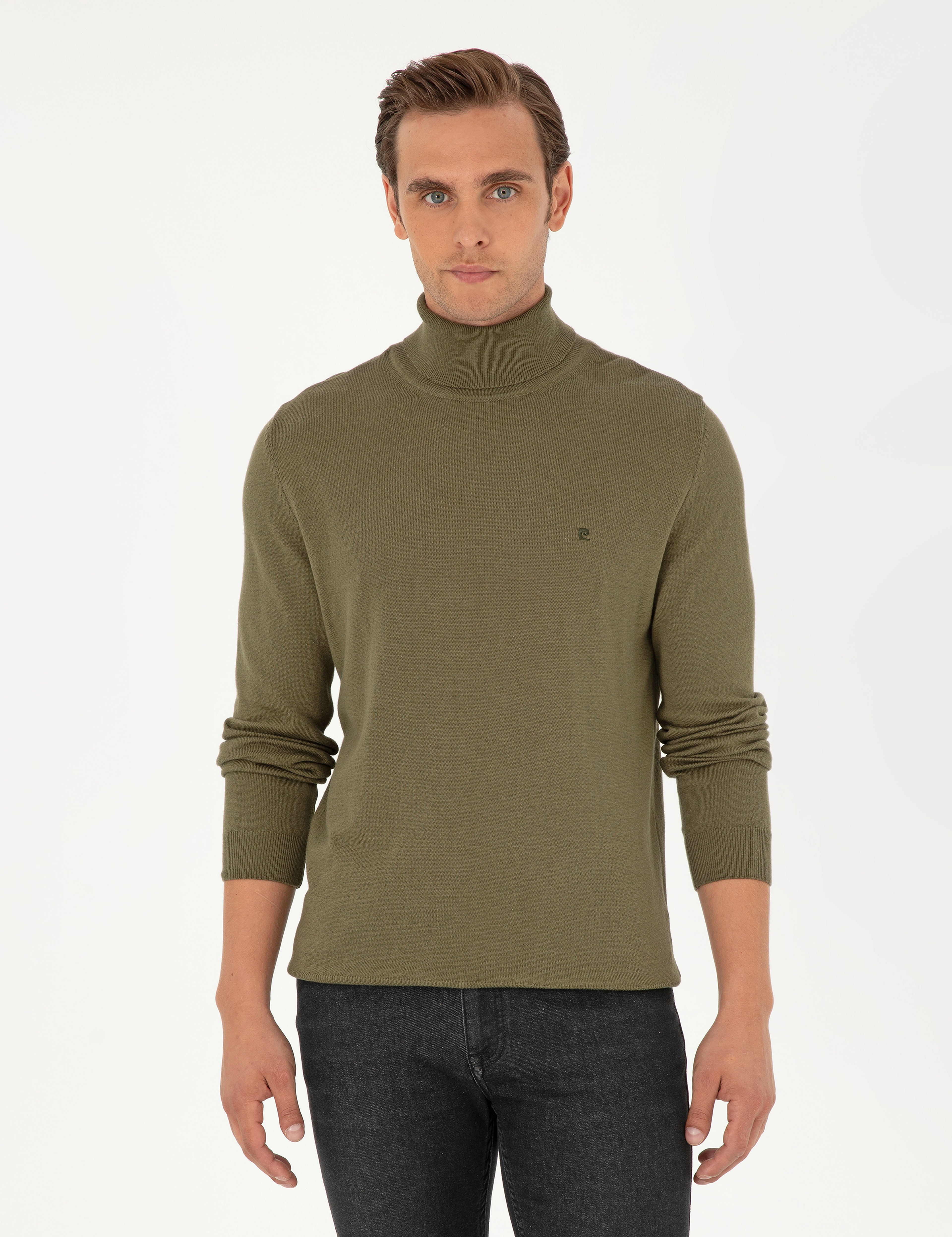 Koyu Haki Slim Fit Balıkçı Yaka Basic Triko Kazak - Image 3