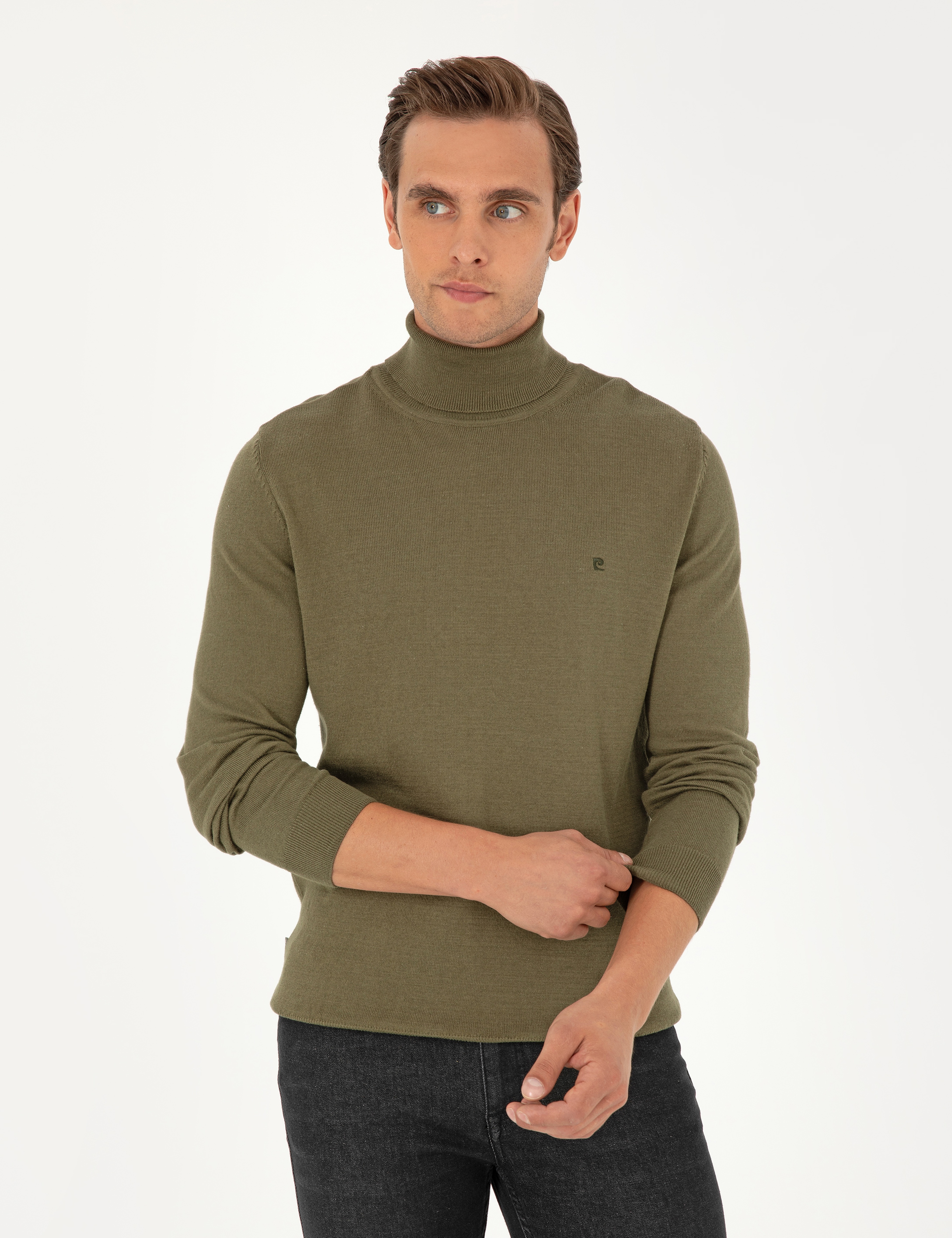 Koyu Haki Slim Fit Balıkçı Yaka Basic Triko Kazak