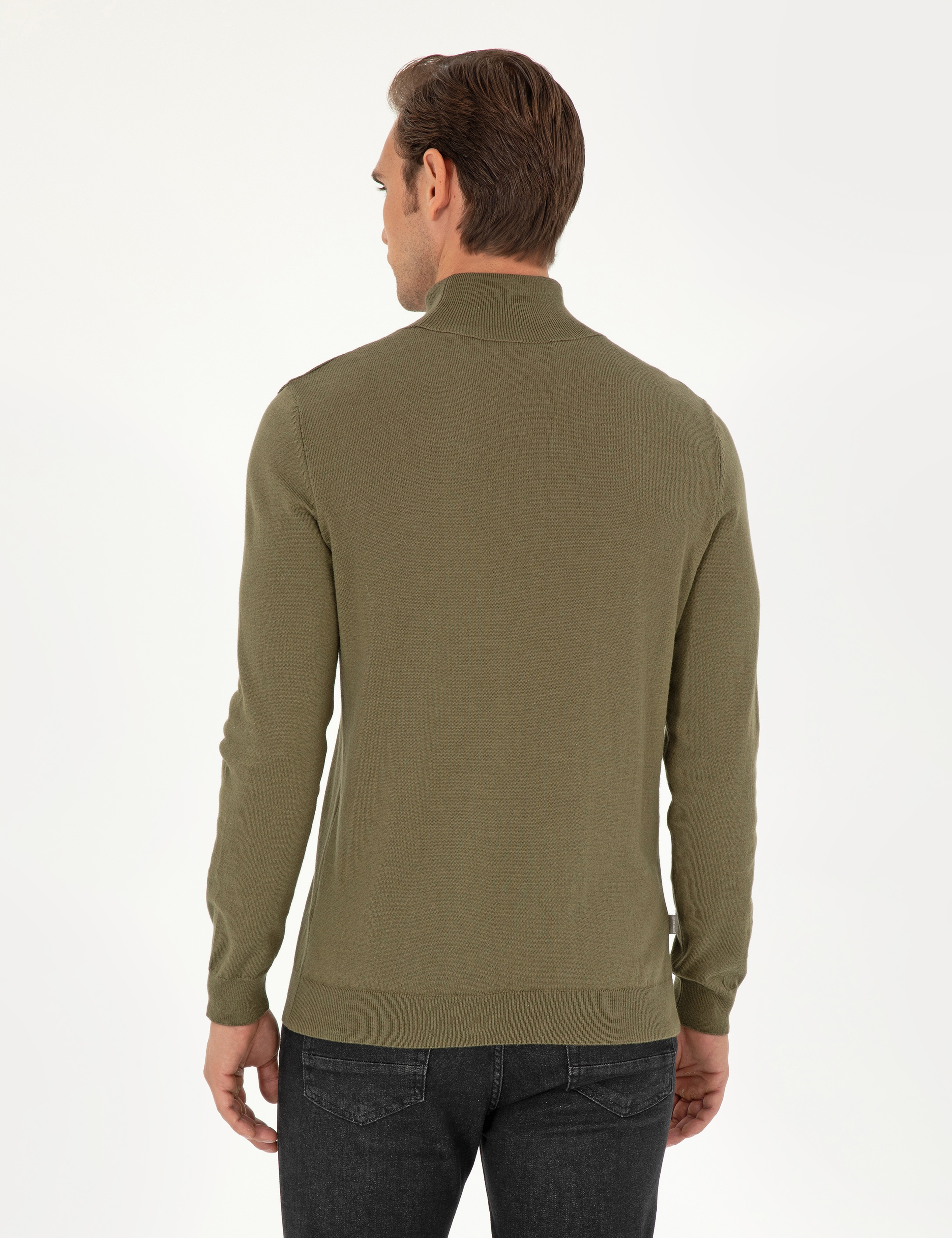 Koyu Haki Slim Fit Balıkçı Yaka Basic Triko Kazak