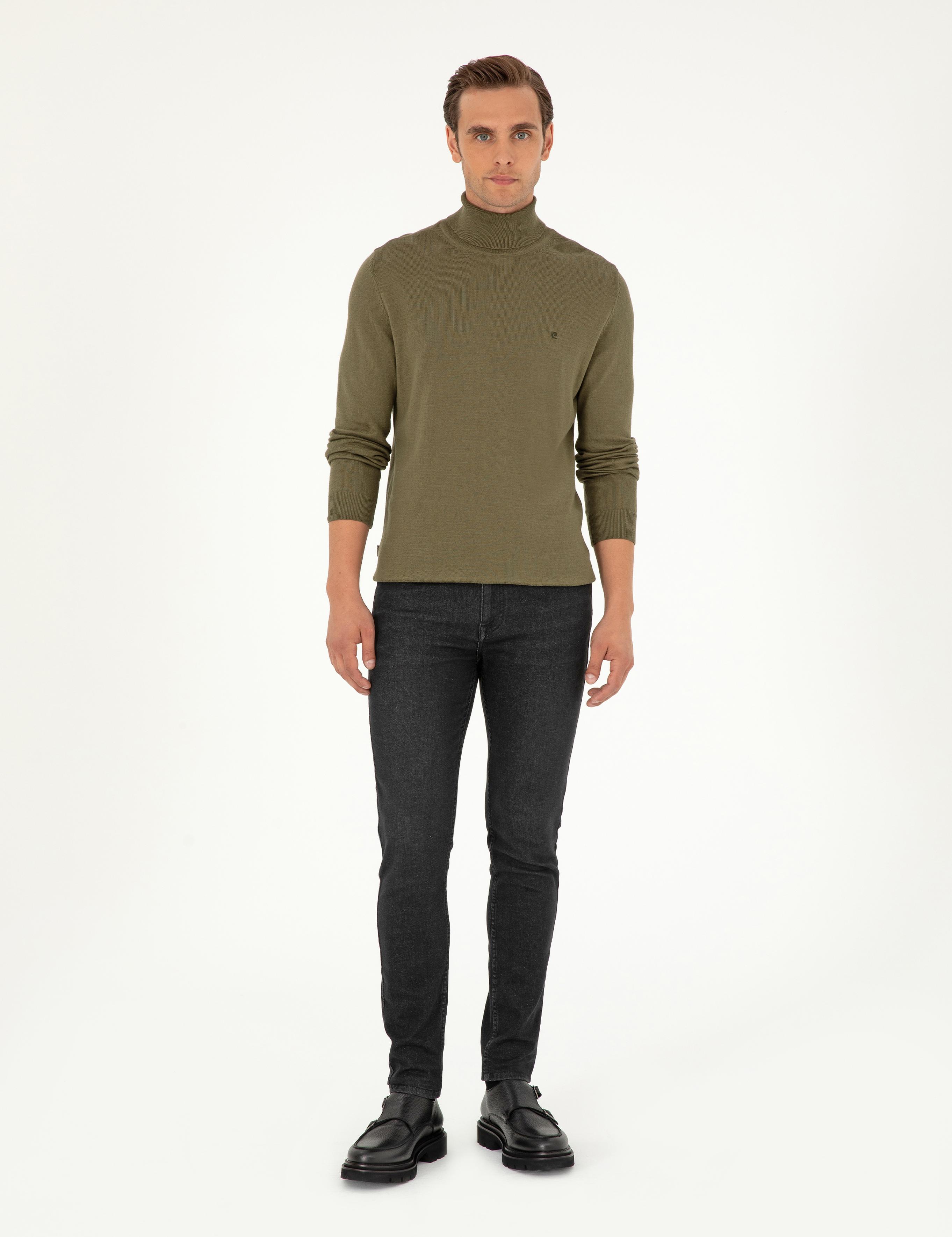 Koyu Haki Slim Fit Balıkçı Yaka Basic Triko Kazak