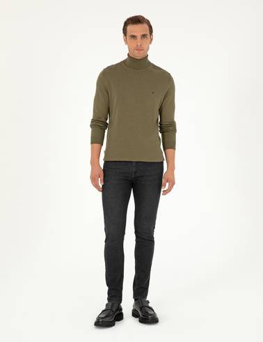 Koyu Haki Slim Fit Balıkçı Yaka Basic Triko Kazak