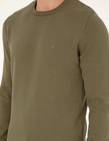 Koyu Haki Slim Fit Bisiklet Yaka Basic Triko Kazak