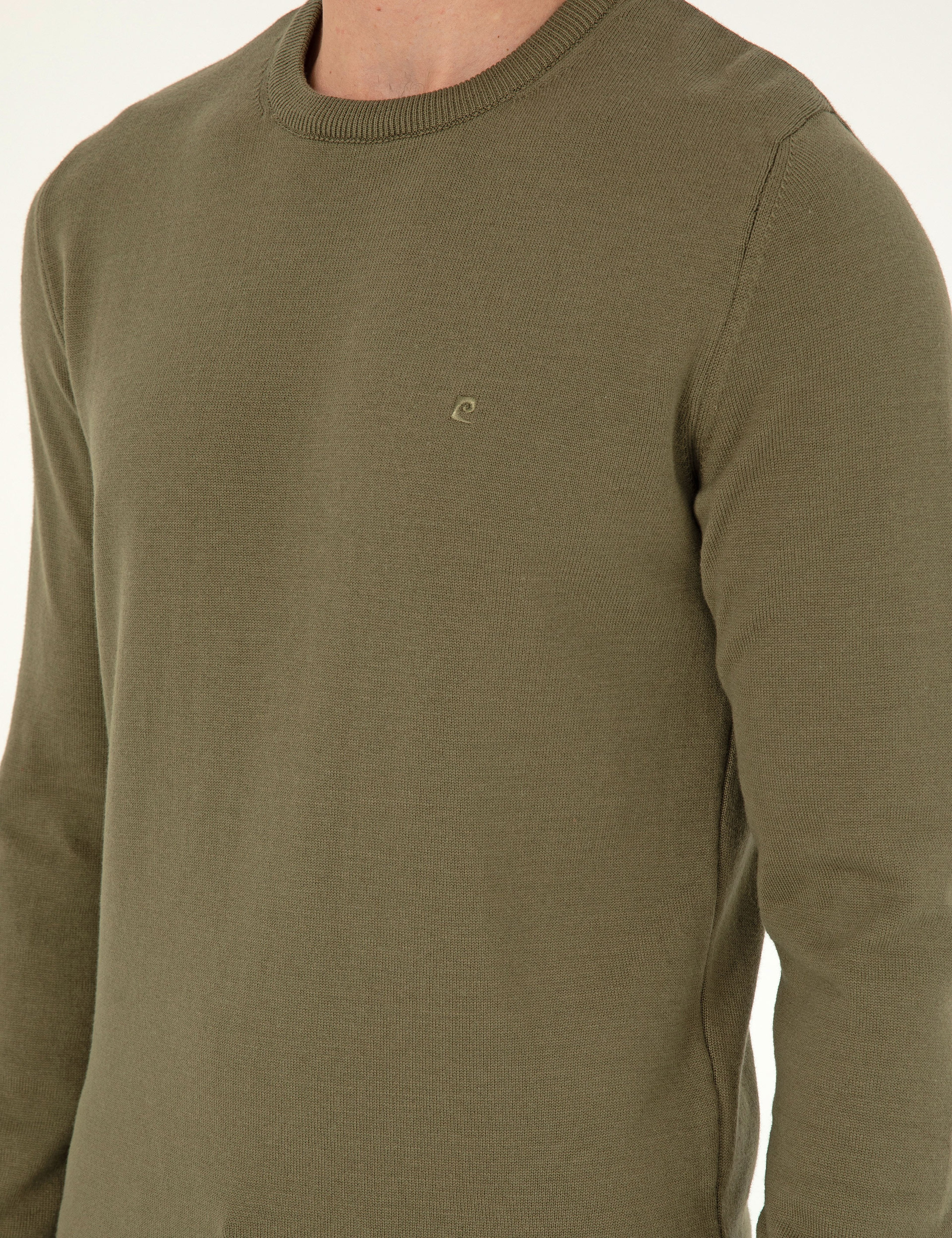 Koyu Haki Slim Fit Bisiklet Yaka Basic Triko Kazak