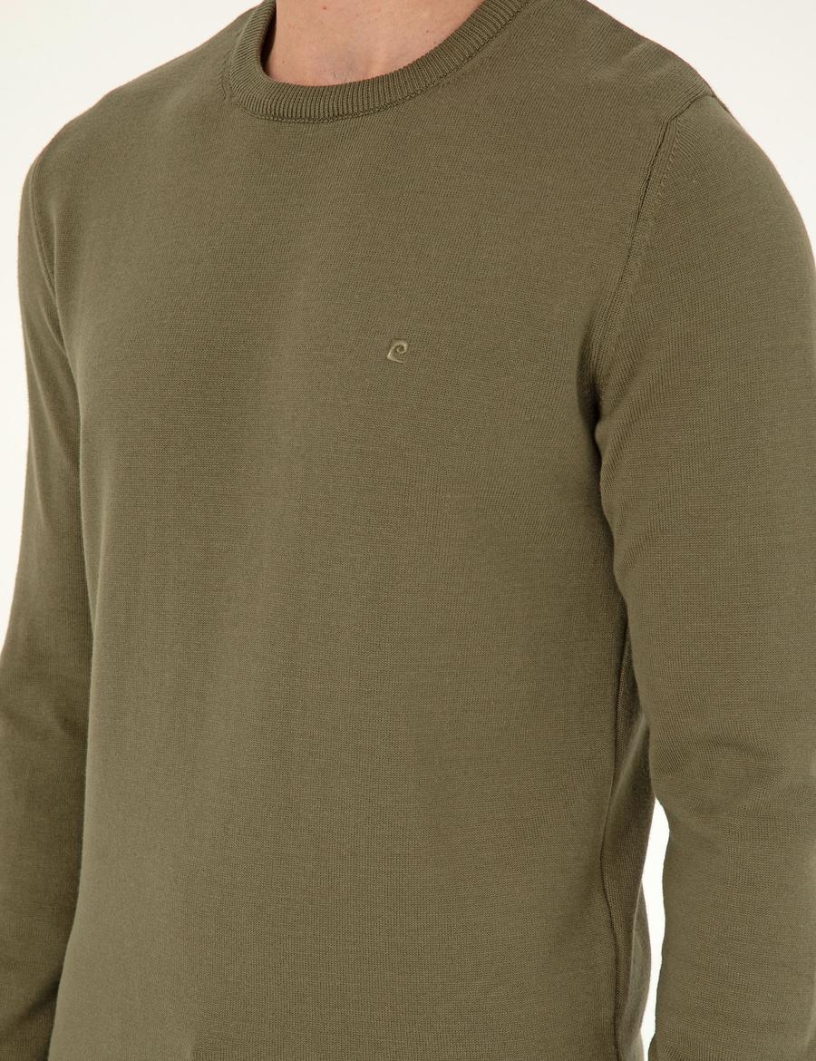 Koyu Haki Slim Fit Bisiklet Yaka Basic Triko Kazak