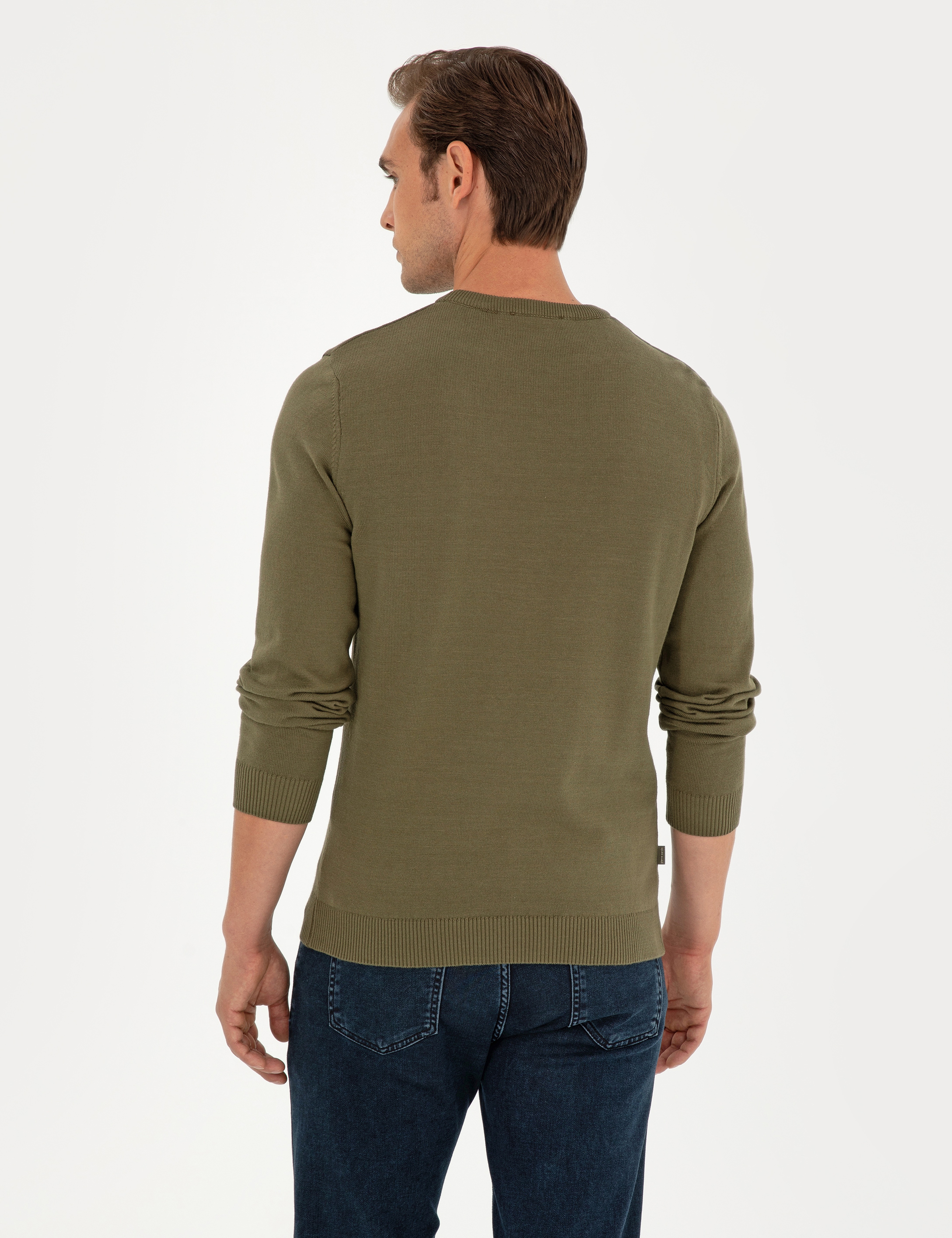 Koyu Haki Slim Fit Bisiklet Yaka Basic Triko Kazak - Image 5