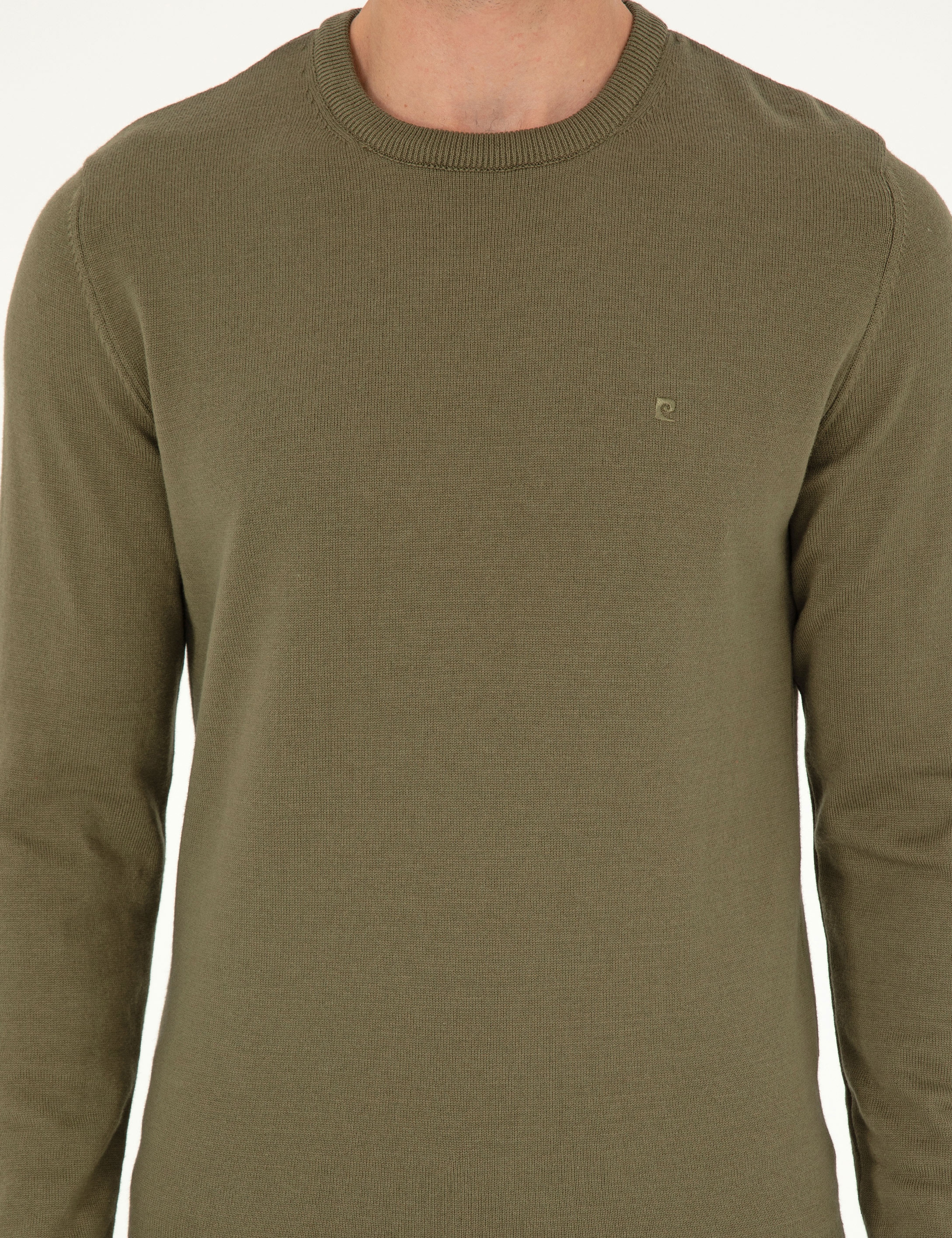 Koyu Haki Slim Fit Bisiklet Yaka Basic Triko Kazak