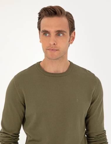 Koyu Haki Slim Fit Bisiklet Yaka Basic Triko Kazak