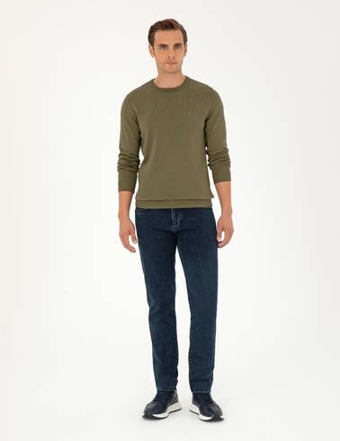 Koyu Haki Slim Fit Bisiklet Yaka Basic Triko Kazak