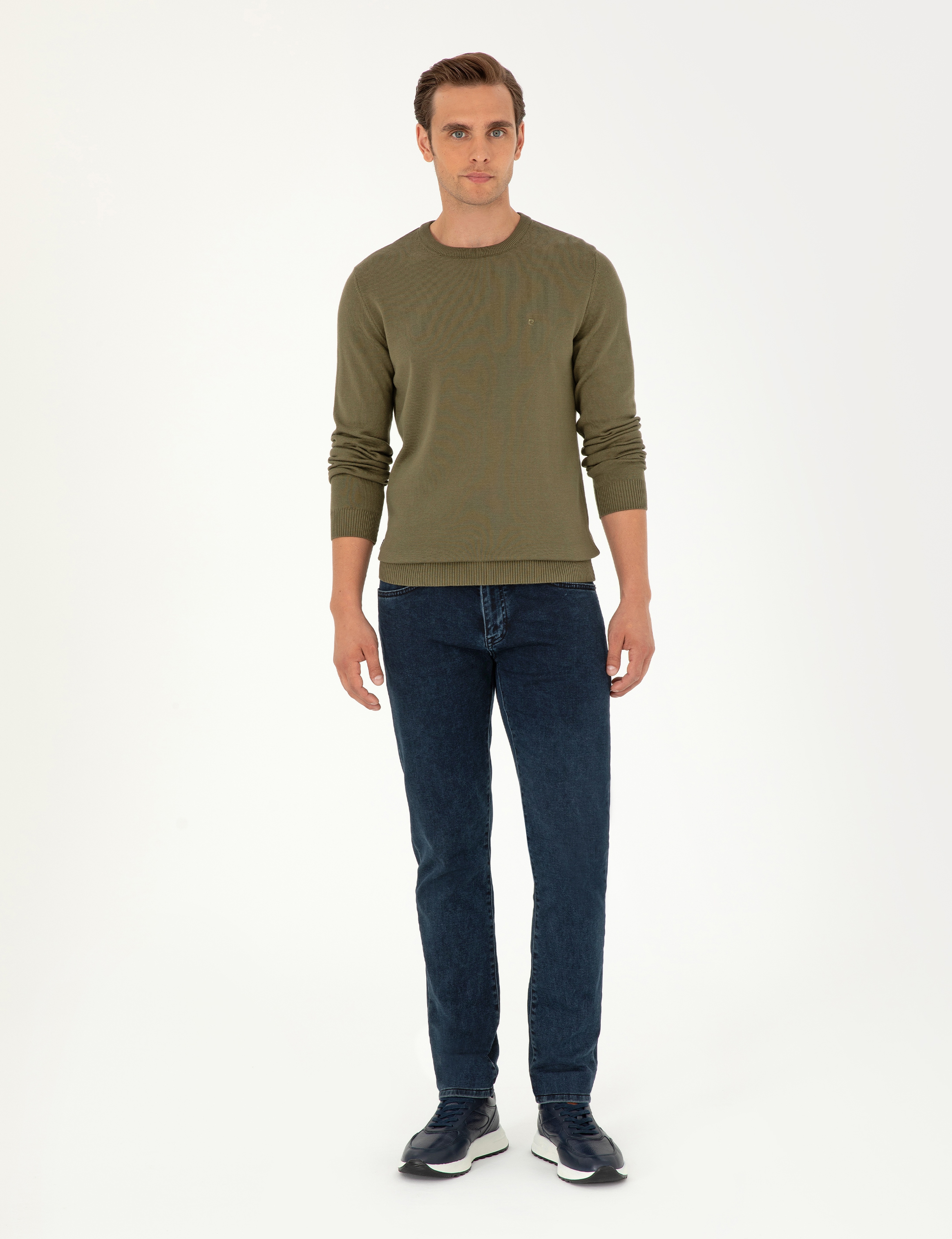 Koyu Haki Slim Fit Bisiklet Yaka Basic Triko Kazak