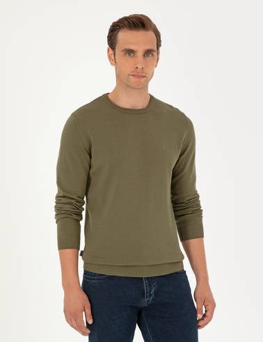 Koyu Haki Slim Fit Bisiklet Yaka Basic Triko Kazak
