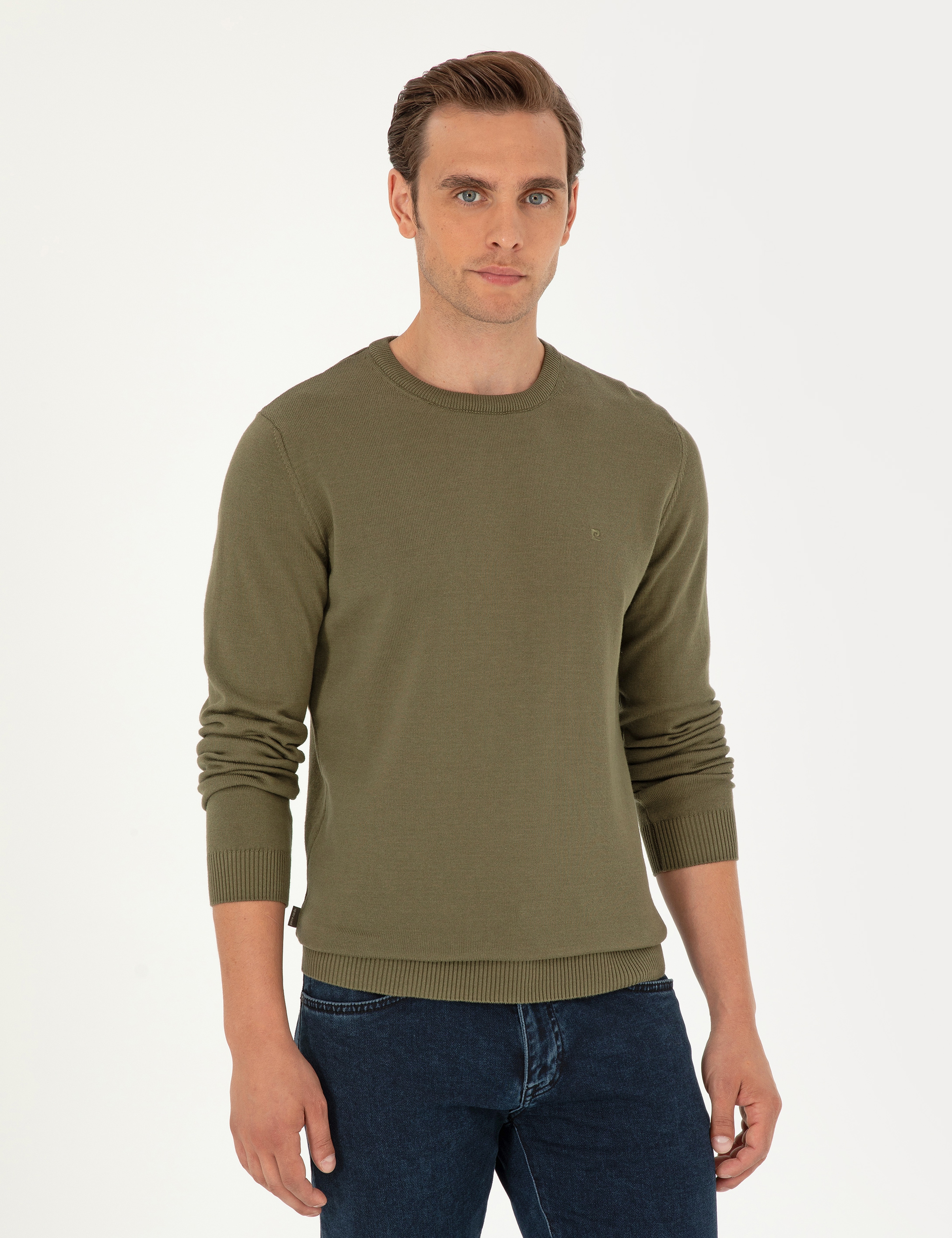 Koyu Haki Slim Fit Bisiklet Yaka Basic Triko Kazak - Image 3