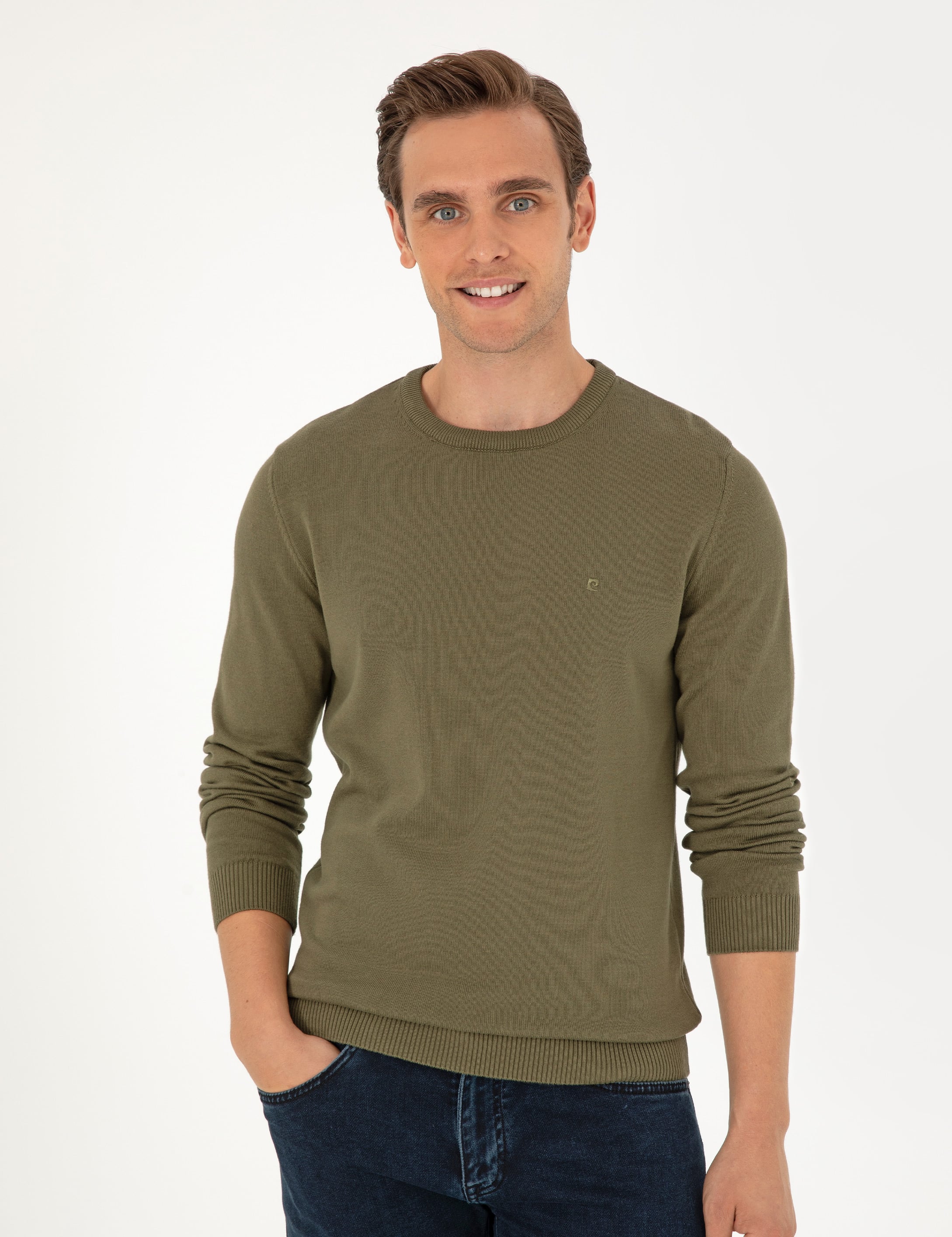 Koyu Haki Slim Fit Bisiklet Yaka Basic Triko Kazak