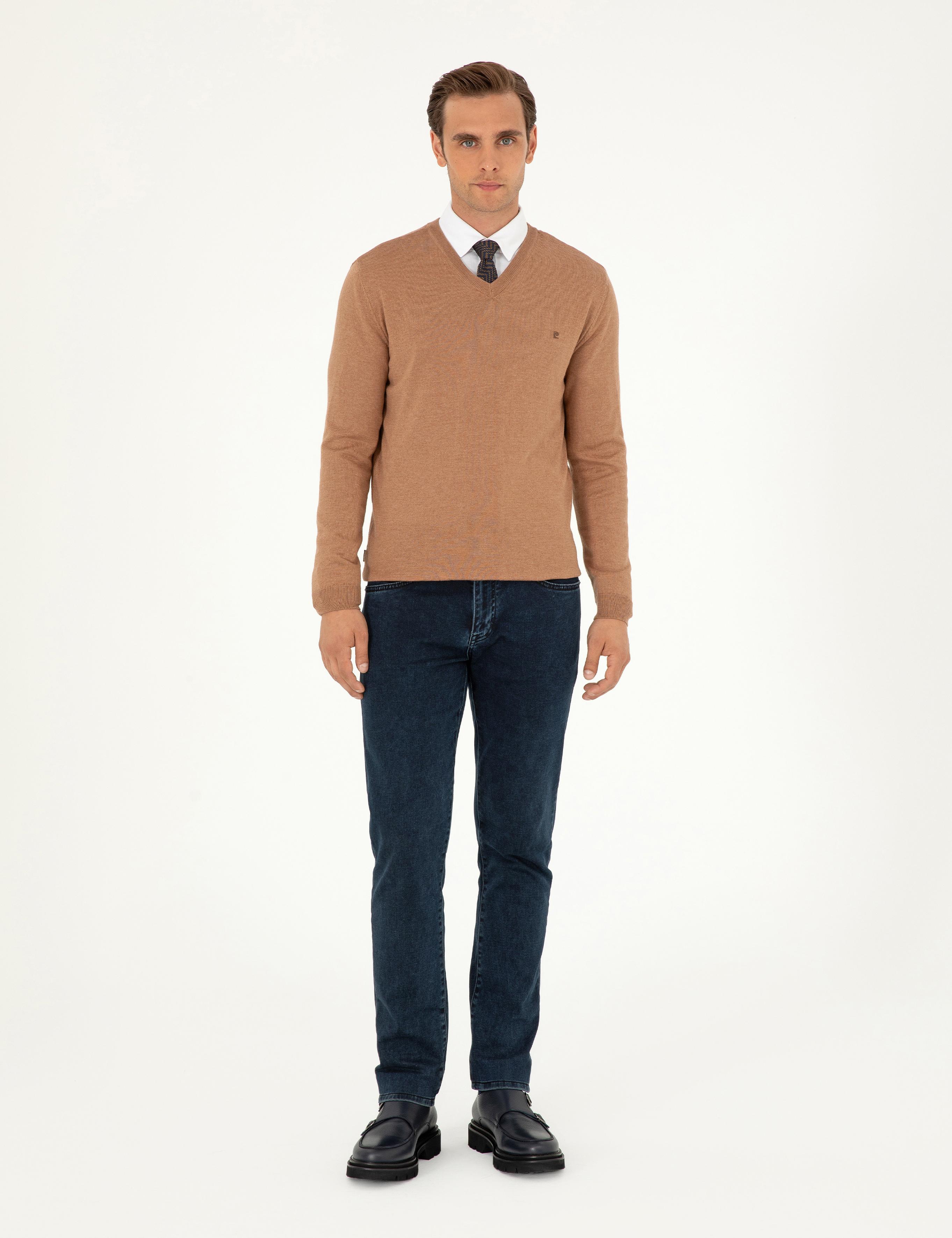 Camel Melanj Slim Fit V Yaka Basic Triko Kazak