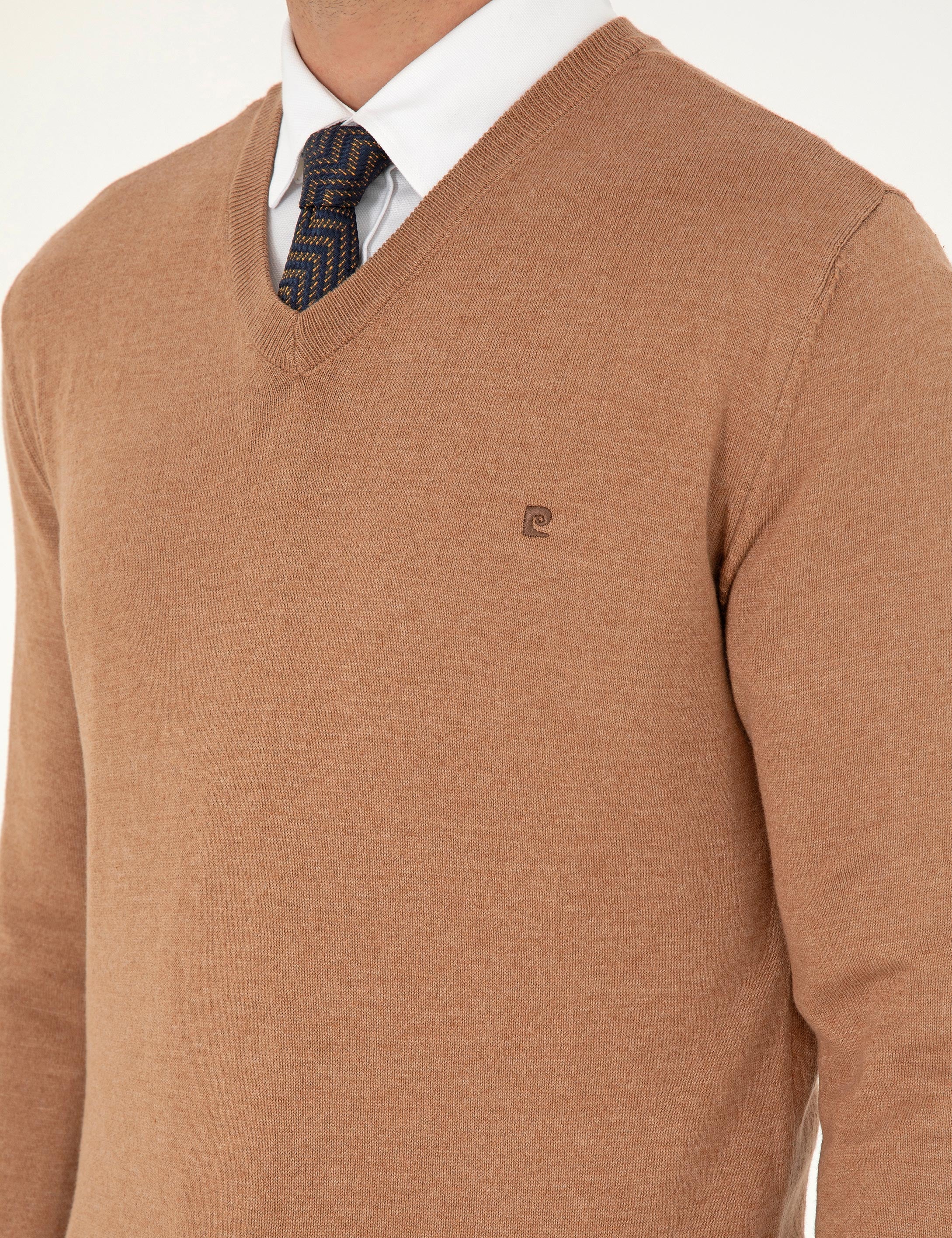 Camel Melanj Slim Fit V Yaka Basic Triko Kazak