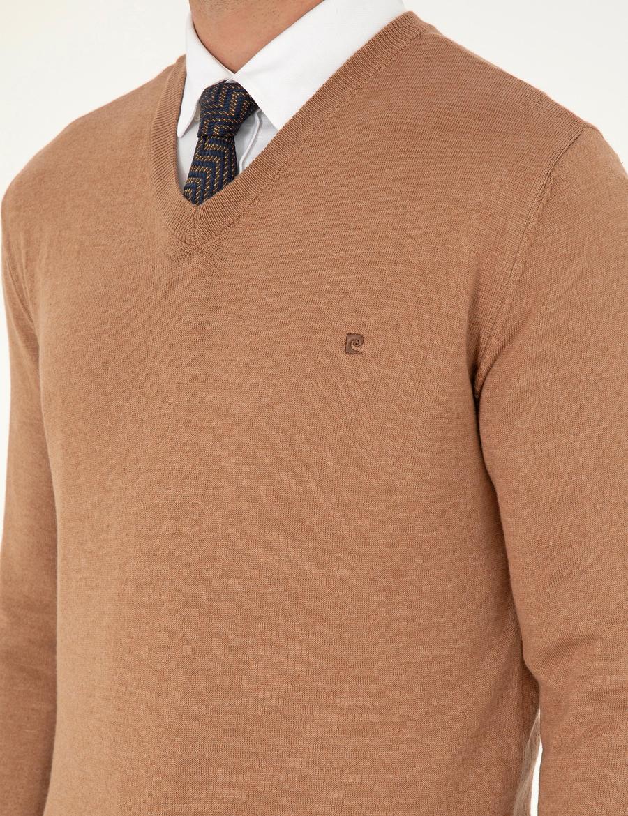 Camel Melanj Slim Fit V Yaka Basic Triko Kazak