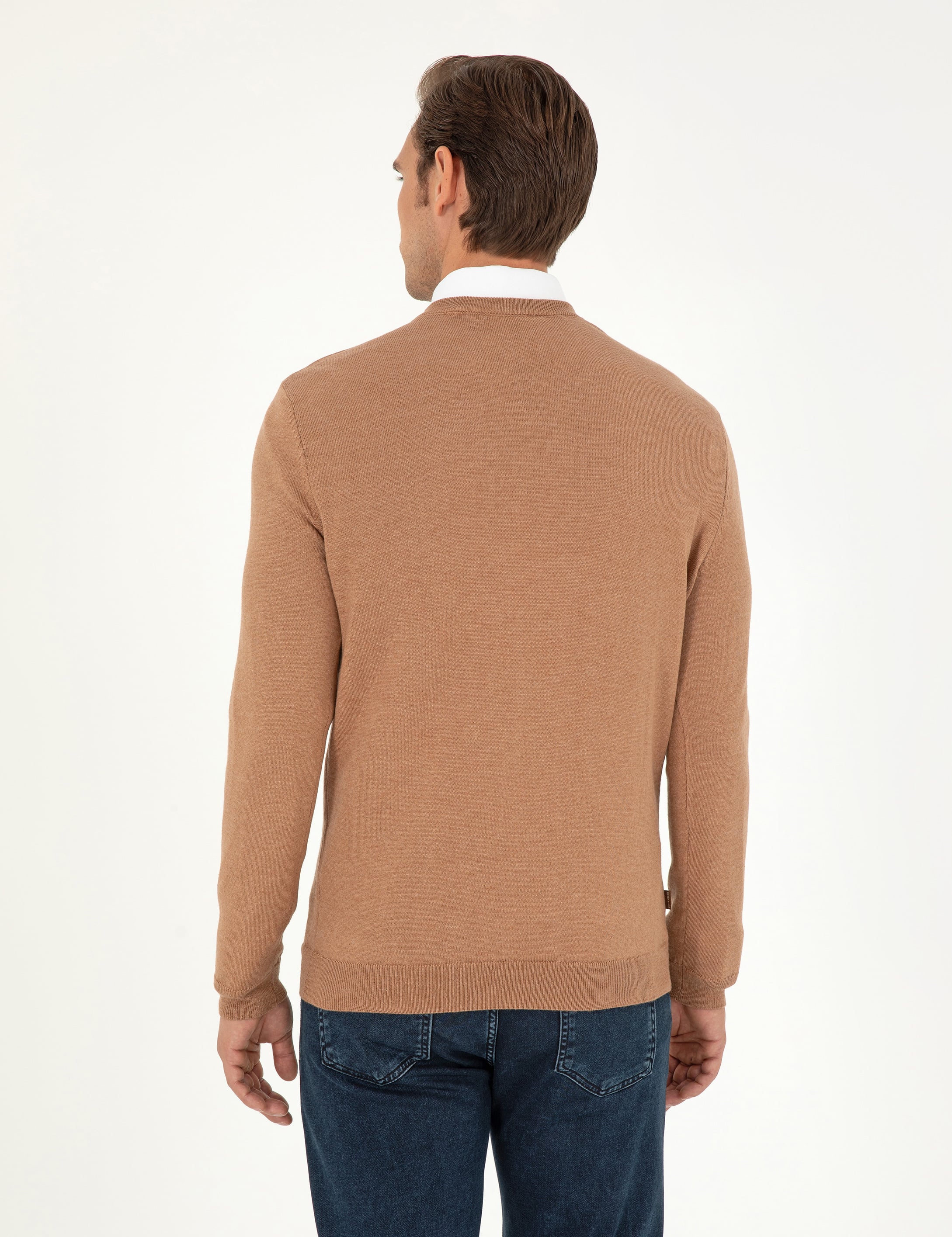 Camel Melanj Slim Fit V Yaka Basic Triko Kazak