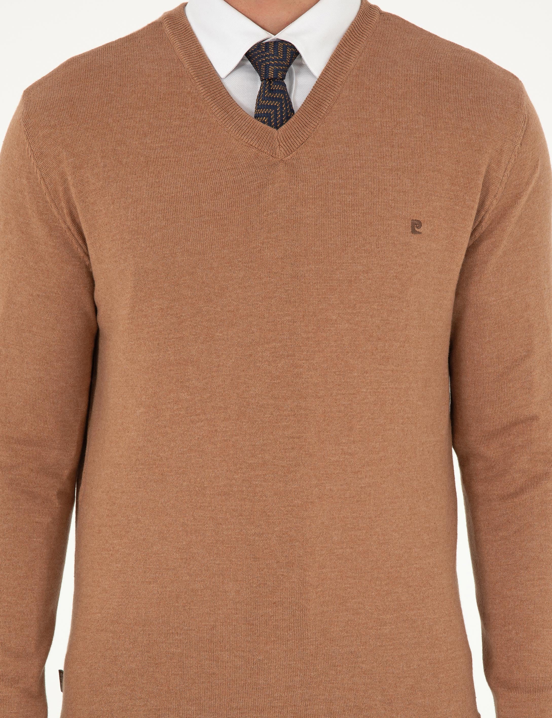 Camel Melanj Slim Fit V Yaka Basic Triko Kazak